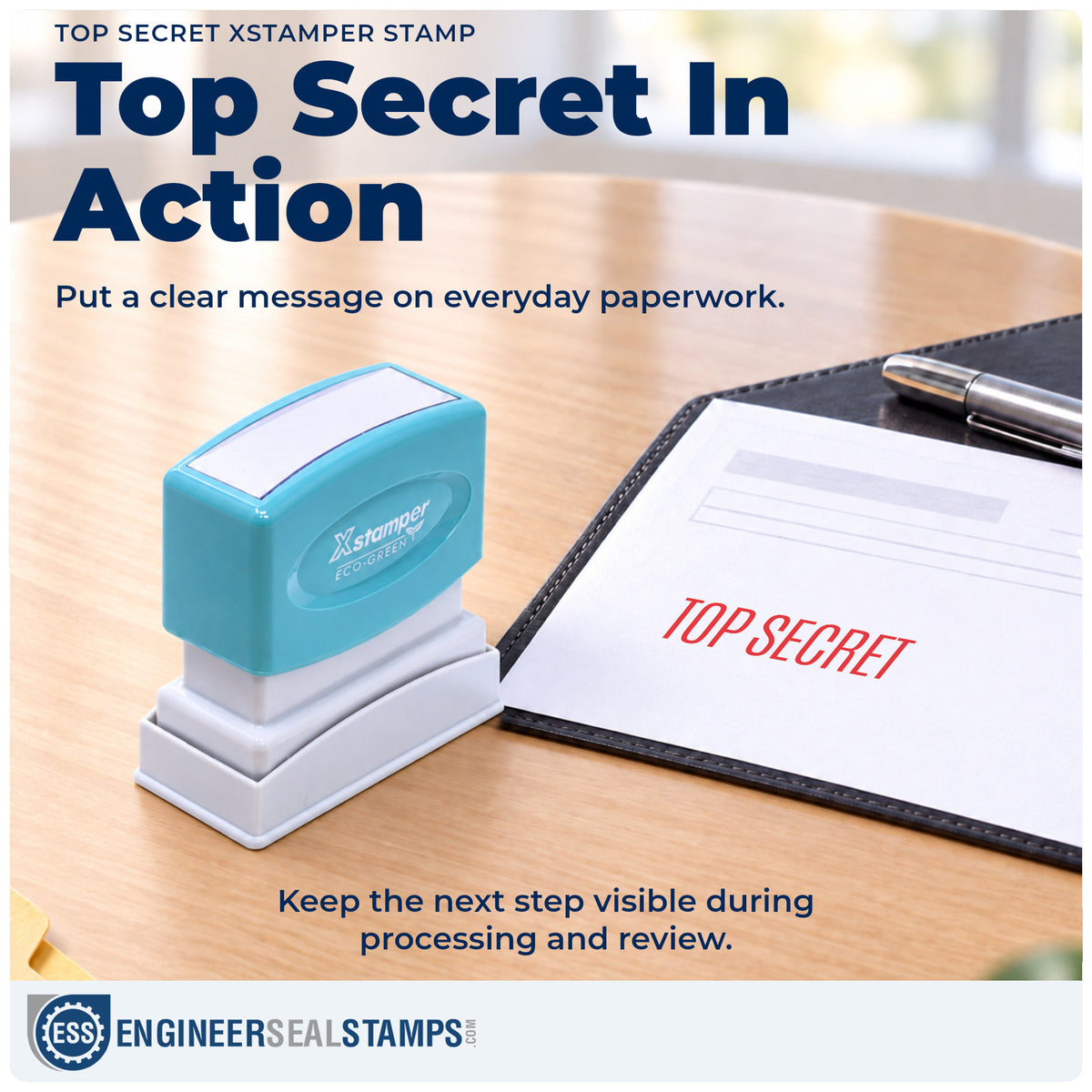 "Top secret" stamp being pressed onto a document during everyday filing
