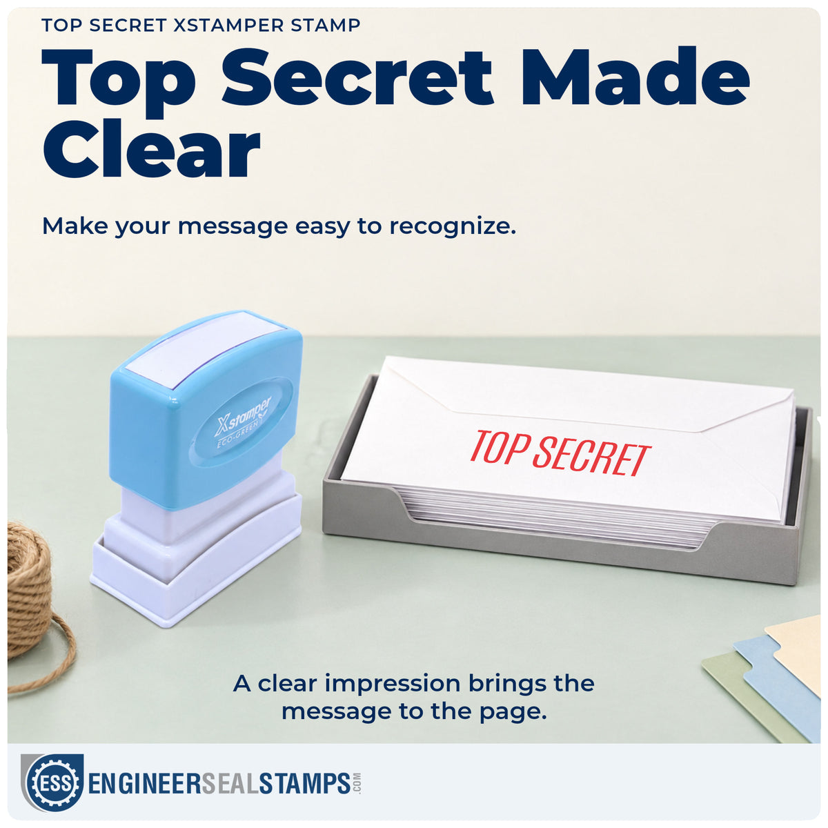 "Top secret" imprint on office paperwork beside the Xstamper Top Secret Stamp – Pre-Inked