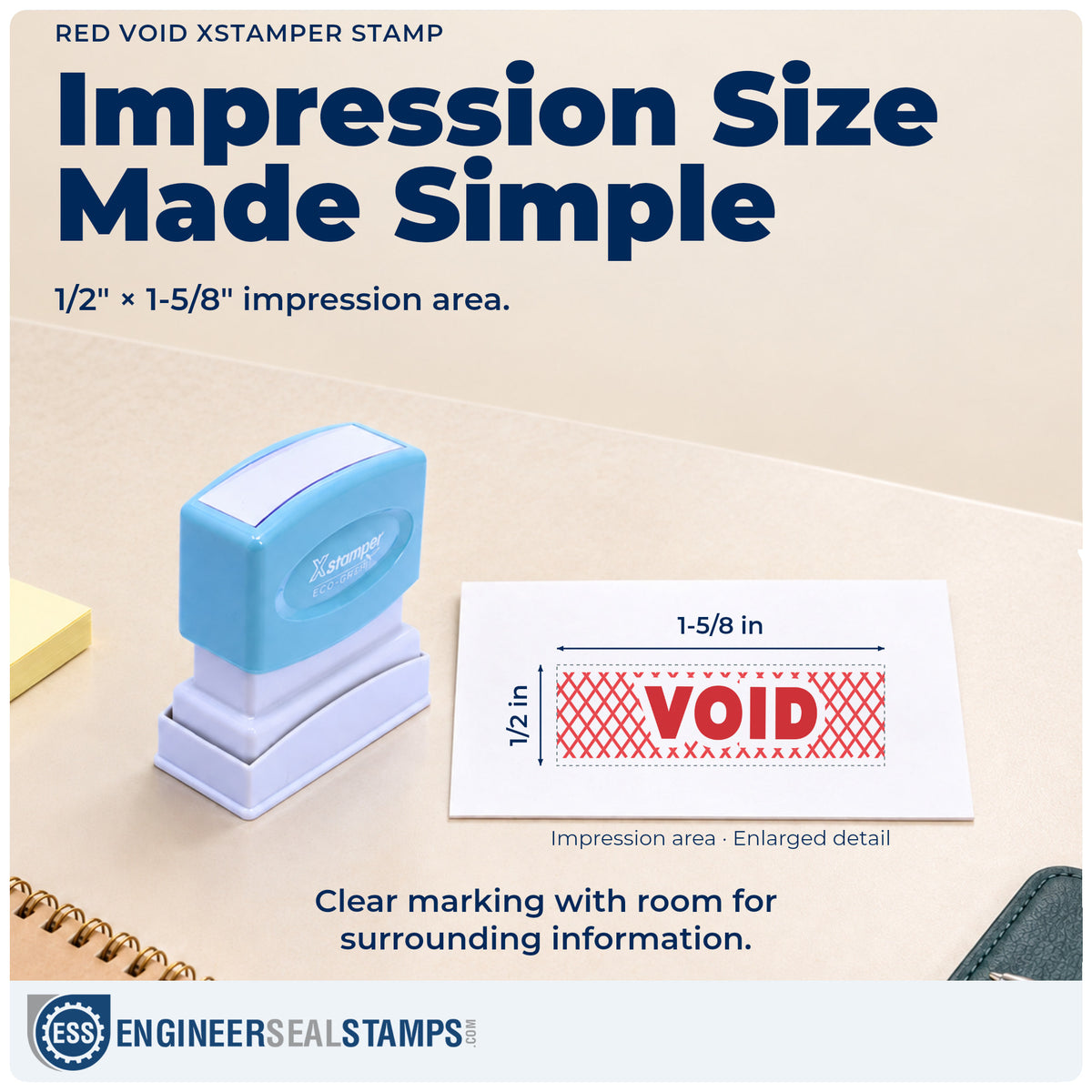 Impression size guide: the "Void" imprint measures 1/2 x 1-5/8 in