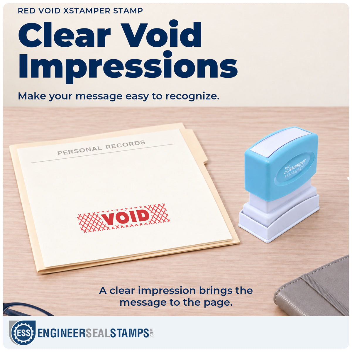 "Void" imprint on office paperwork beside the Void Stamp – Red Pre-Inked Xstamper