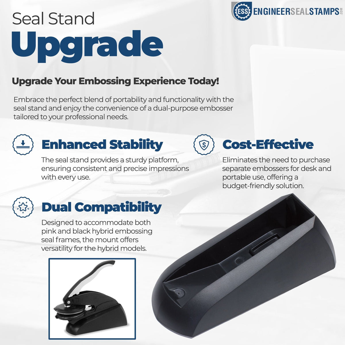 Black seal stand embosser upgrade ad with blue text, white background, and product photos showing dual-compatible stamp and seal mount.