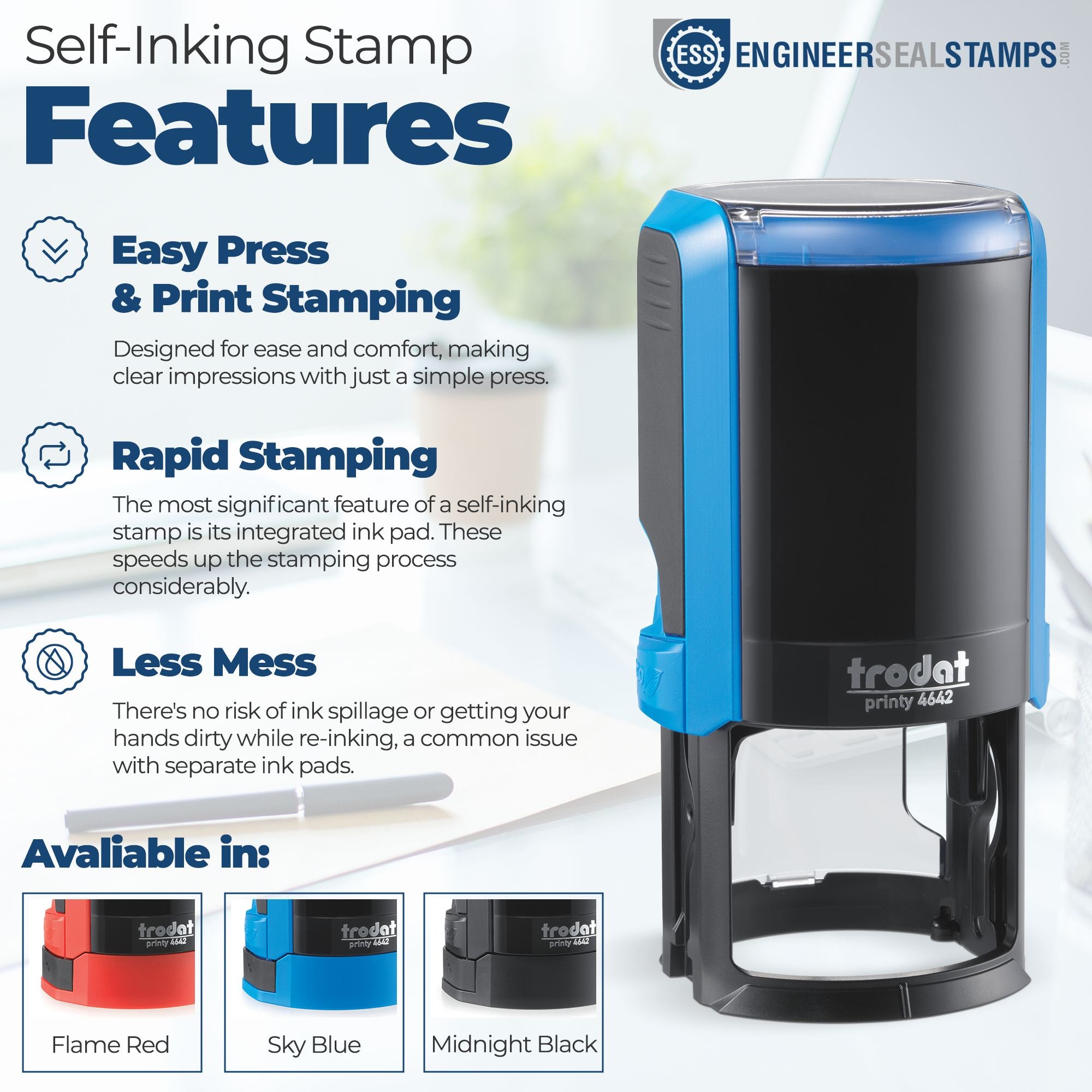 Self-inking stamp and seal product poster with blue-and-black stamp, features list, and red, blue, black color options.