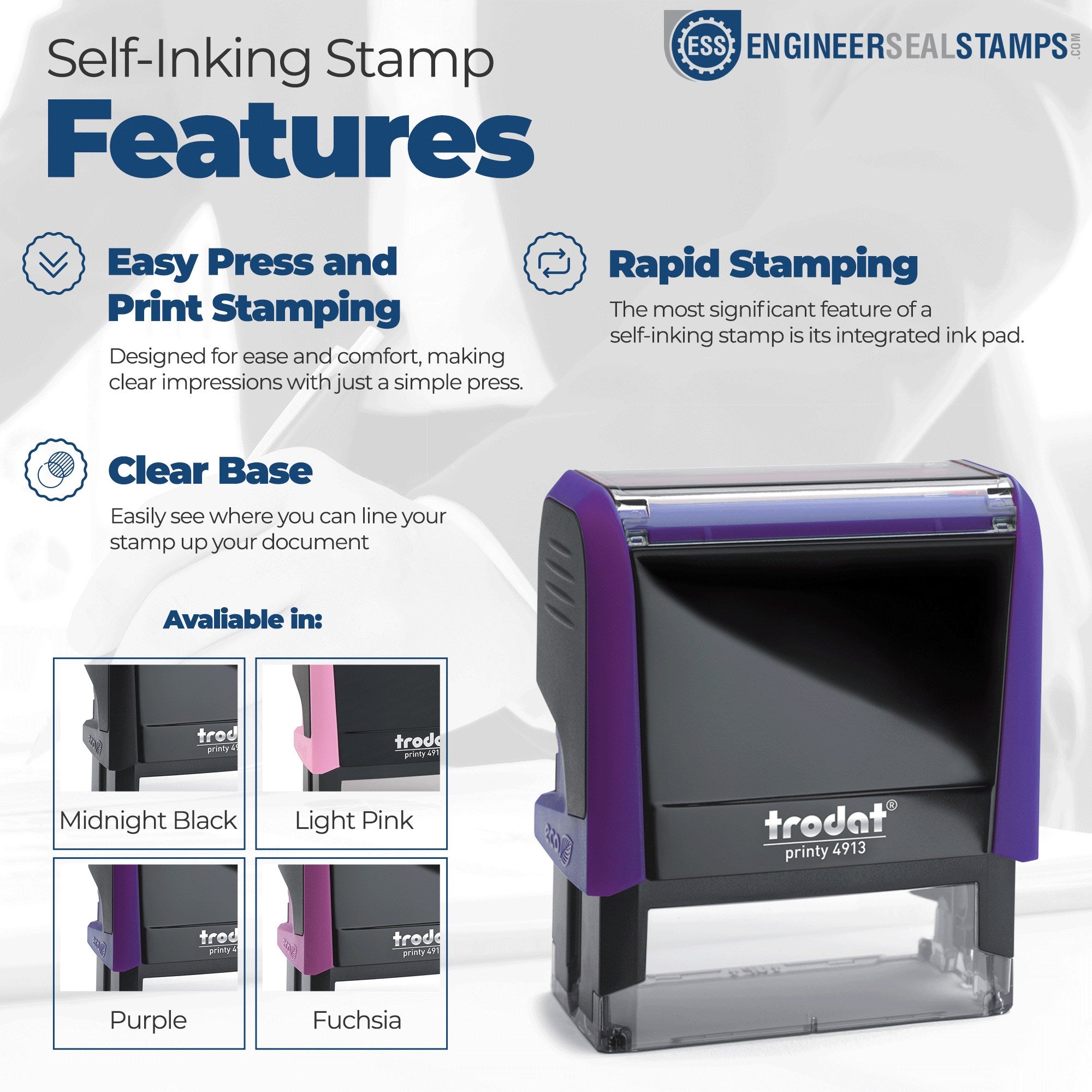 Image of the Arizona Self-Inking State Love Address Stamp, featuring easy press and print stamping, rapid stamping, and a clear base. Available in Midnight Black, Light Pink, Purple, and Fuchsia.