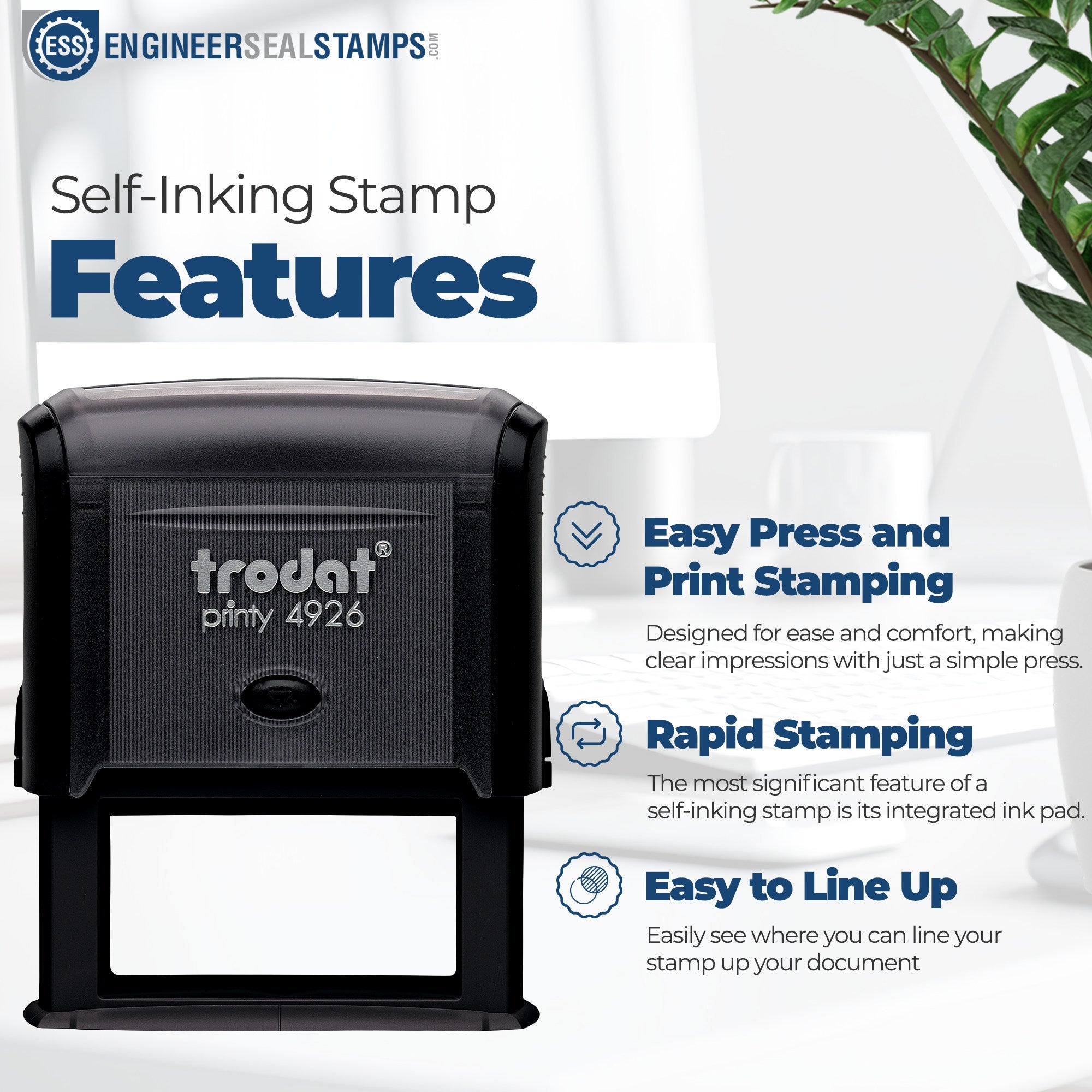 Self-Inking Lithium Ion Battery Warning Stamp with integrated ink pad, featuring easy press and print, rapid stamping, and alignment guide for efficient document marking.