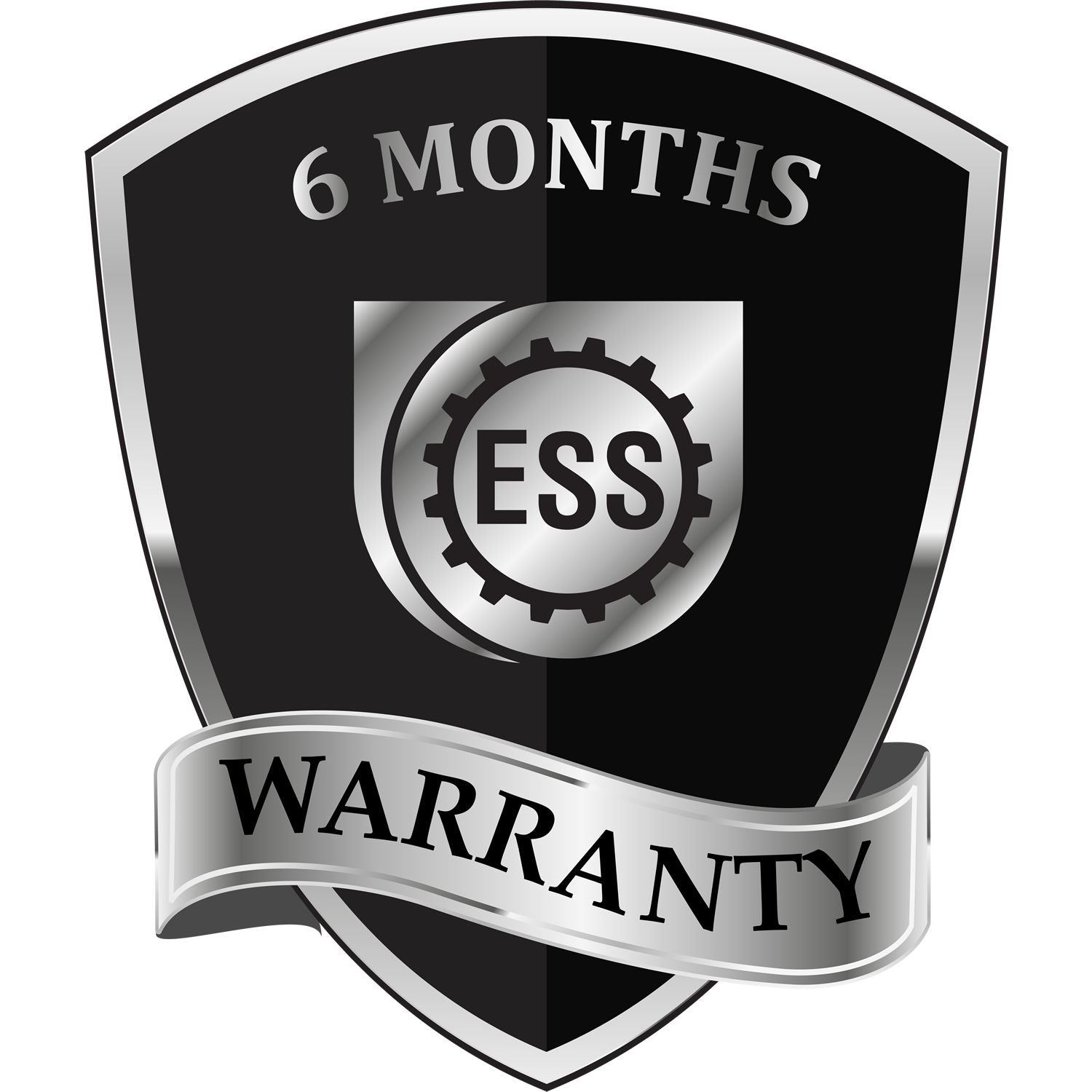 Black and silver shield emblem with 6 Months Warranty text, featuring a gear design. Ideal for promoting the Self-Inking Pug Dog Address Stamp's durability and reliability.