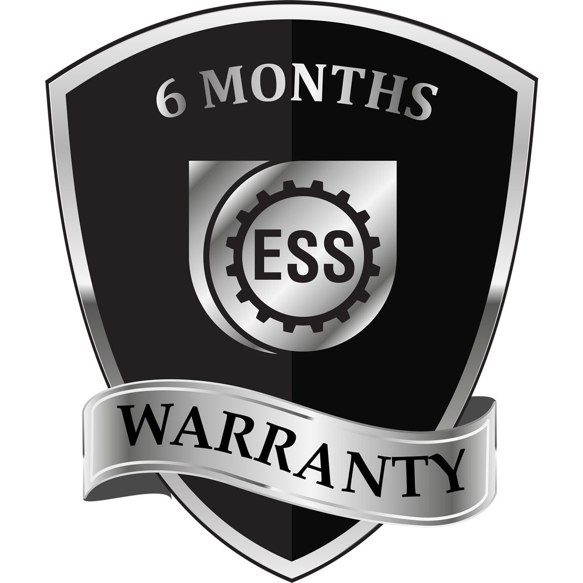 Black and silver 6-month ESS warranty stamp seal with gear emblem and curved ribbon