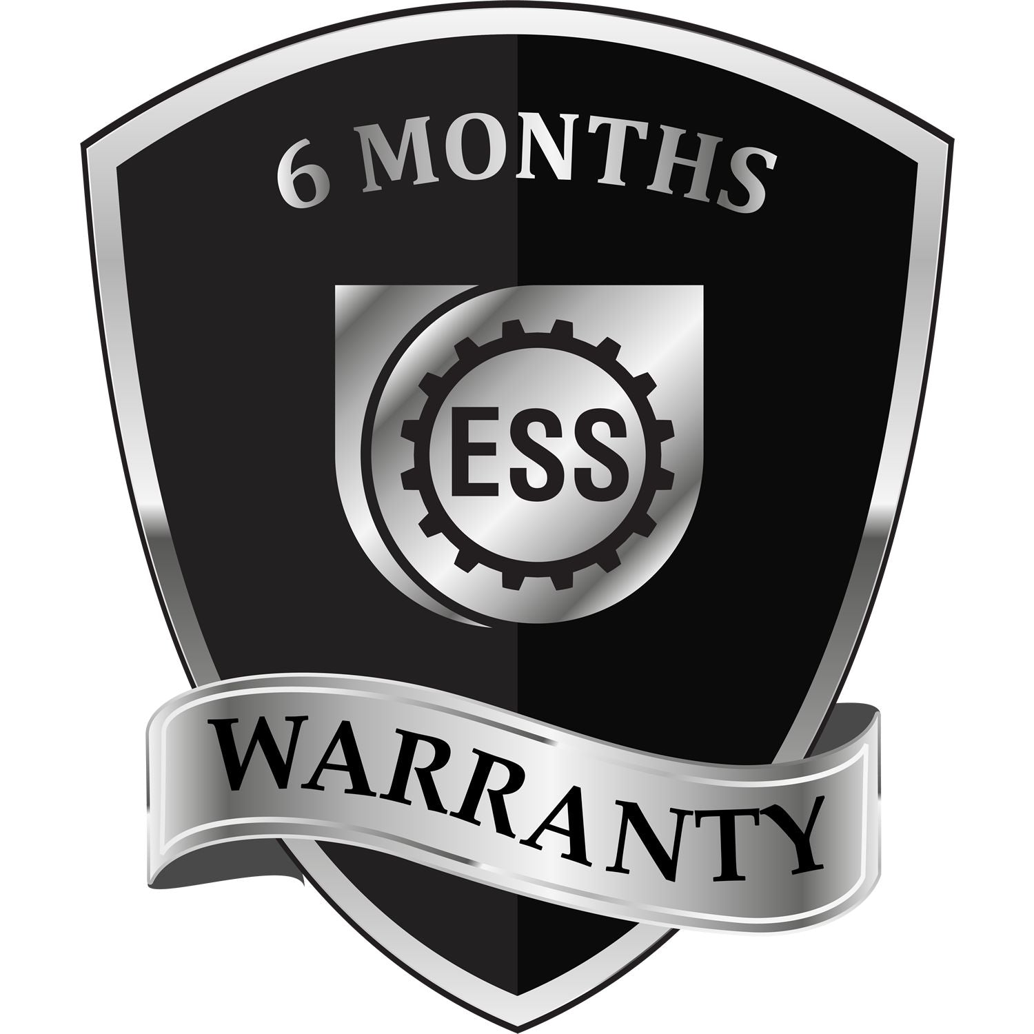 Black and silver 6-month ESS warranty shield seal with gear emblem and curved silver ribbon