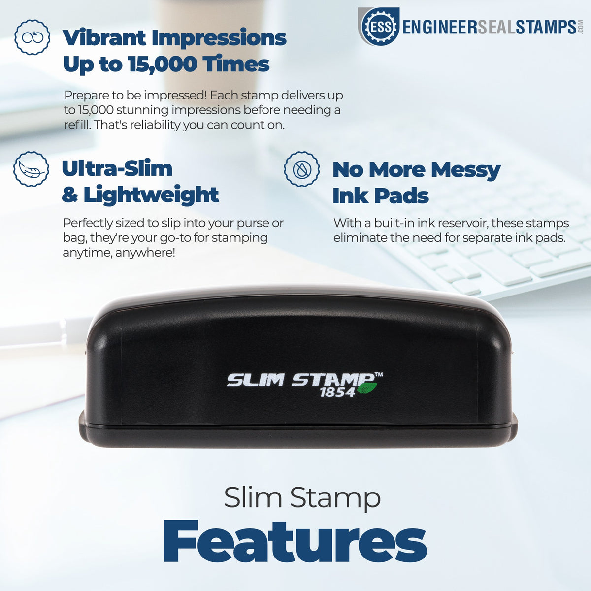 Black slim self-inking stamp and seal with blue text on white background, highlighting up to 15,000 impressions and no-mess ink pads.