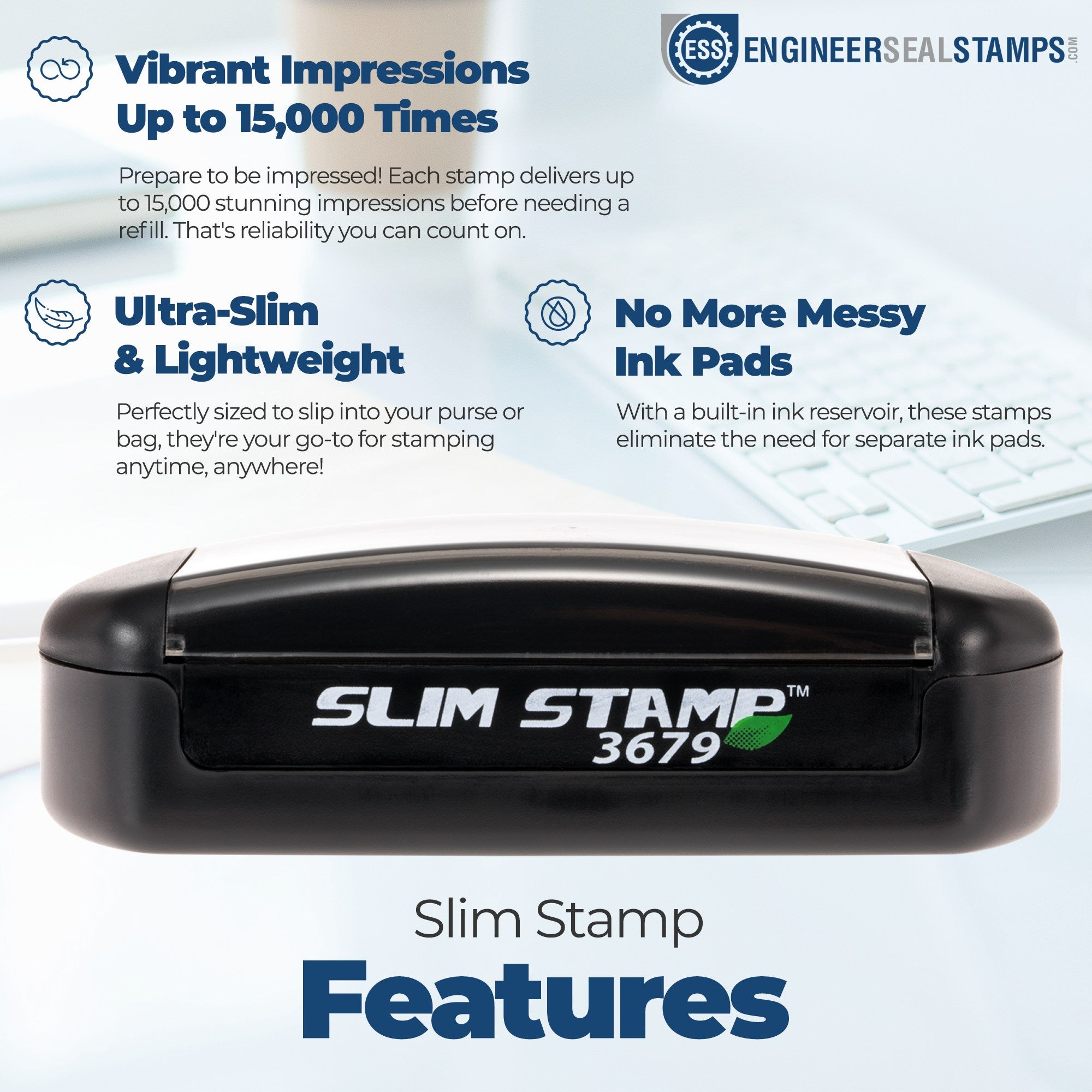 Slim Pre-Inked Keep Dry with Umbrella Stamp, compact and lightweight, offers vibrant impressions up to 15,000 times without needing ink pads. Ideal for on-the-go stamping.