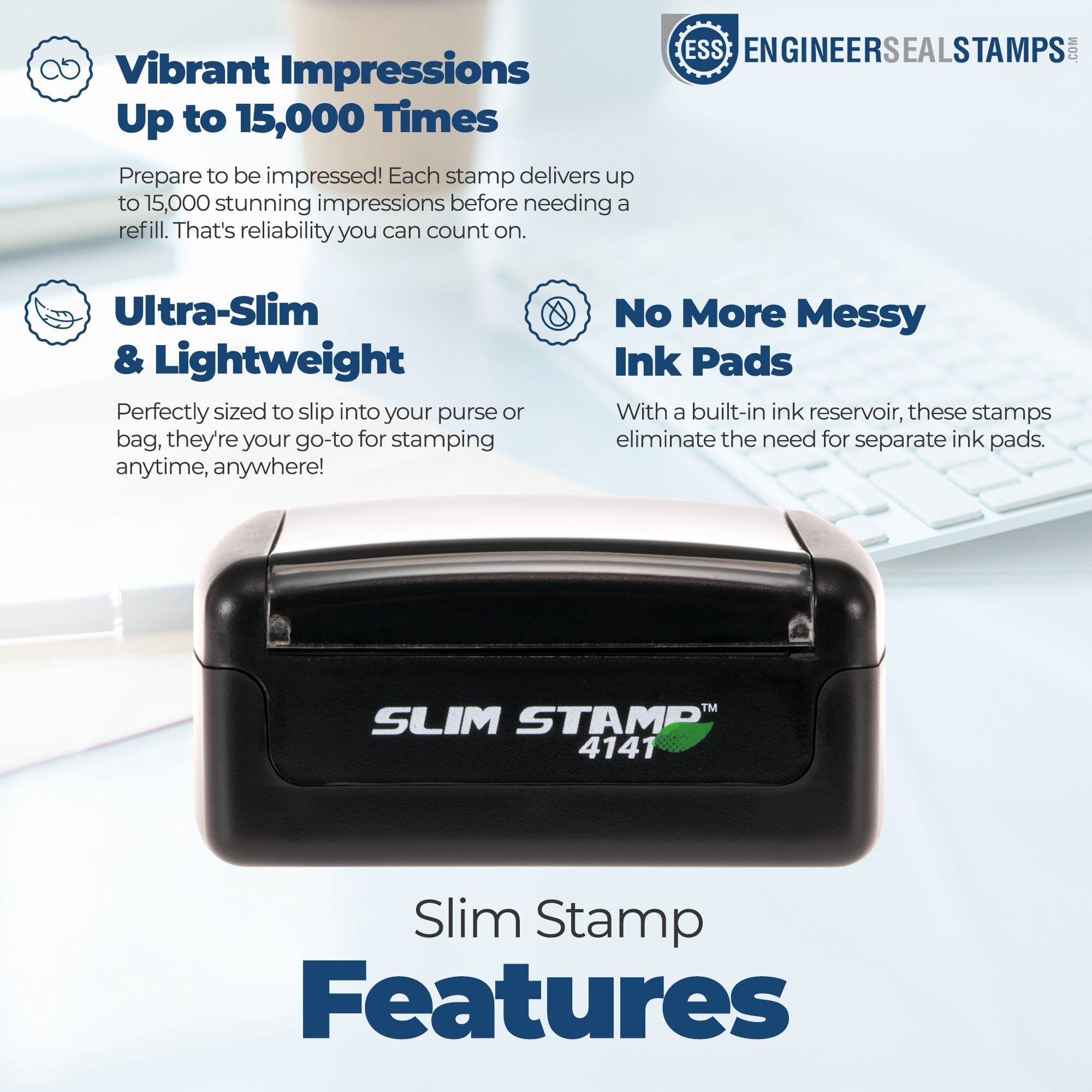 Black slim self-inking stamp infographic with blue text highlighting 15,000 impressions, ultra-slim design and built-in ink pad.