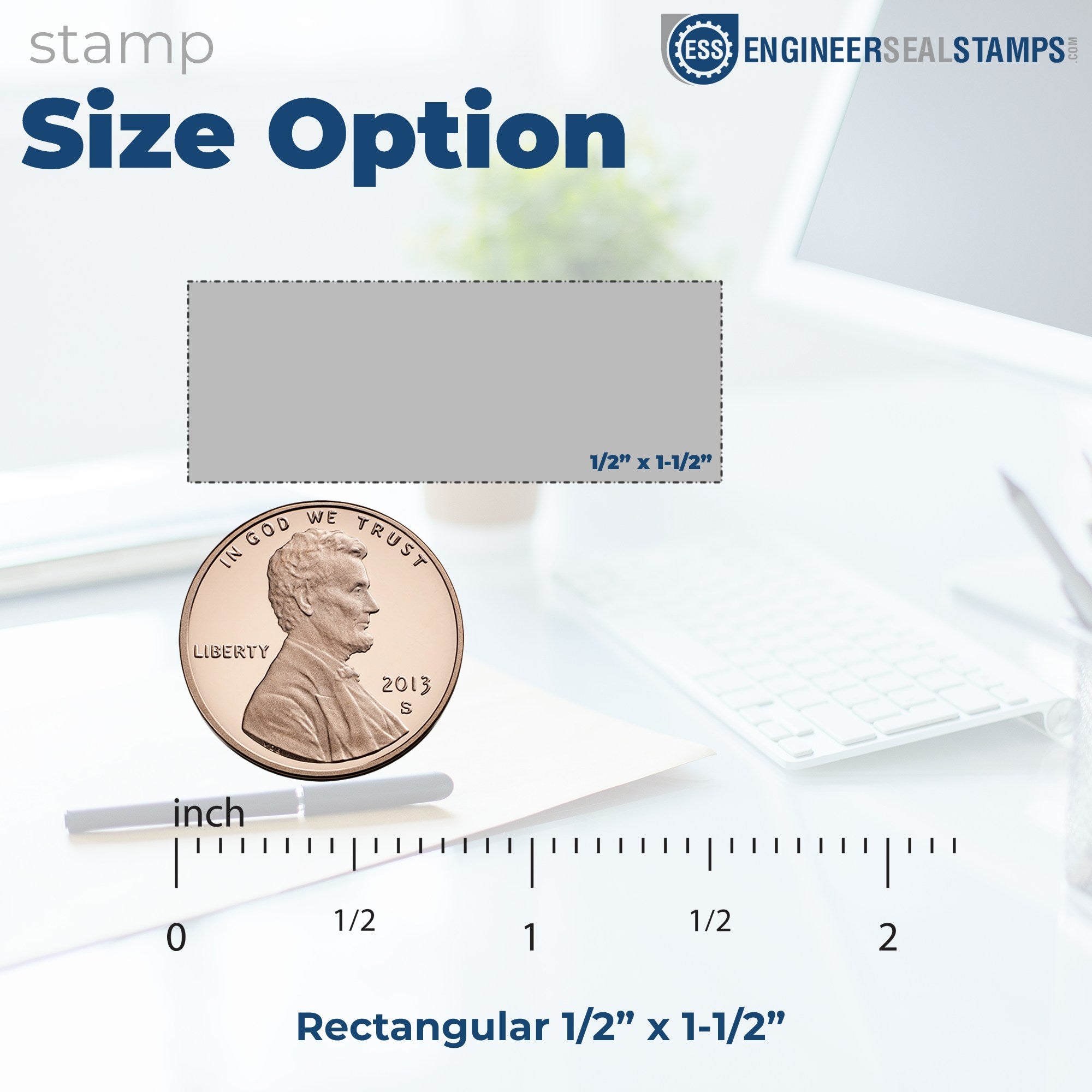 Rectangle self-inking stamp template, sized 1/2" x 1-1/2". For a sense of scale, a penny is displayed among scattered papers.