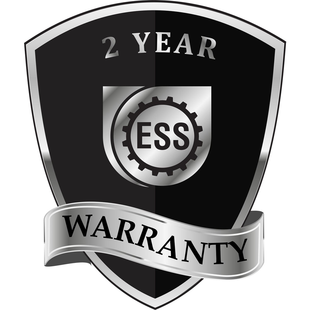 Black and silver 2-year ESS warranty stamp seal with shield, gear logo, and ribbon banner.