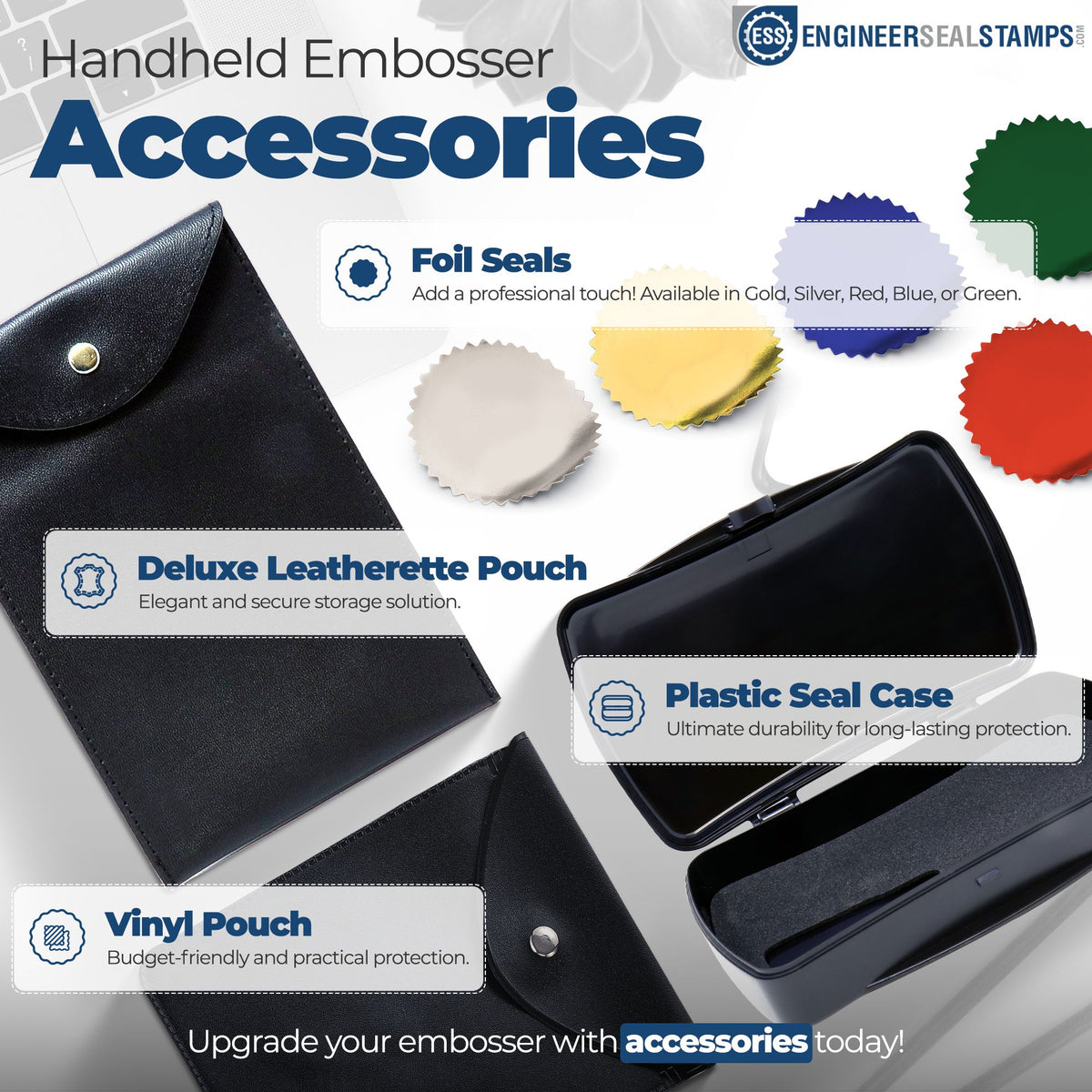 Handheld embosser accessories with gold, silver, red, blue and green foil seals, leatherette pouch, plastic seal case and vinyl pouch.