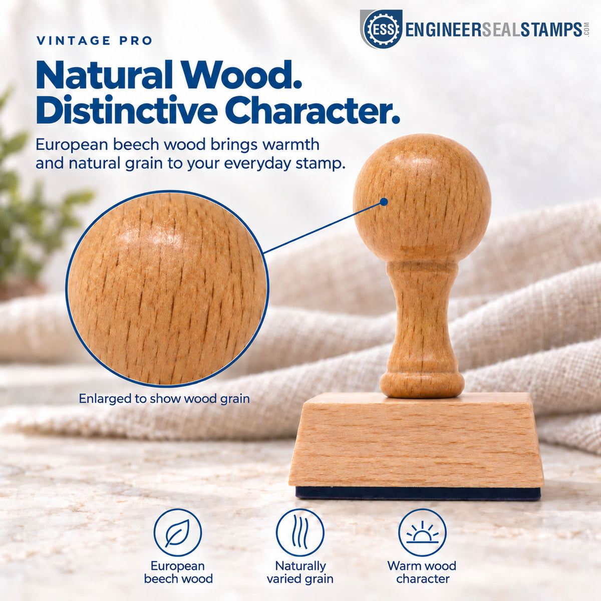 Vintage Pro infographic showing a European beech wood stamp with an enlarged view of the wood grain, highlighting naturally varied grain and warm wood character.