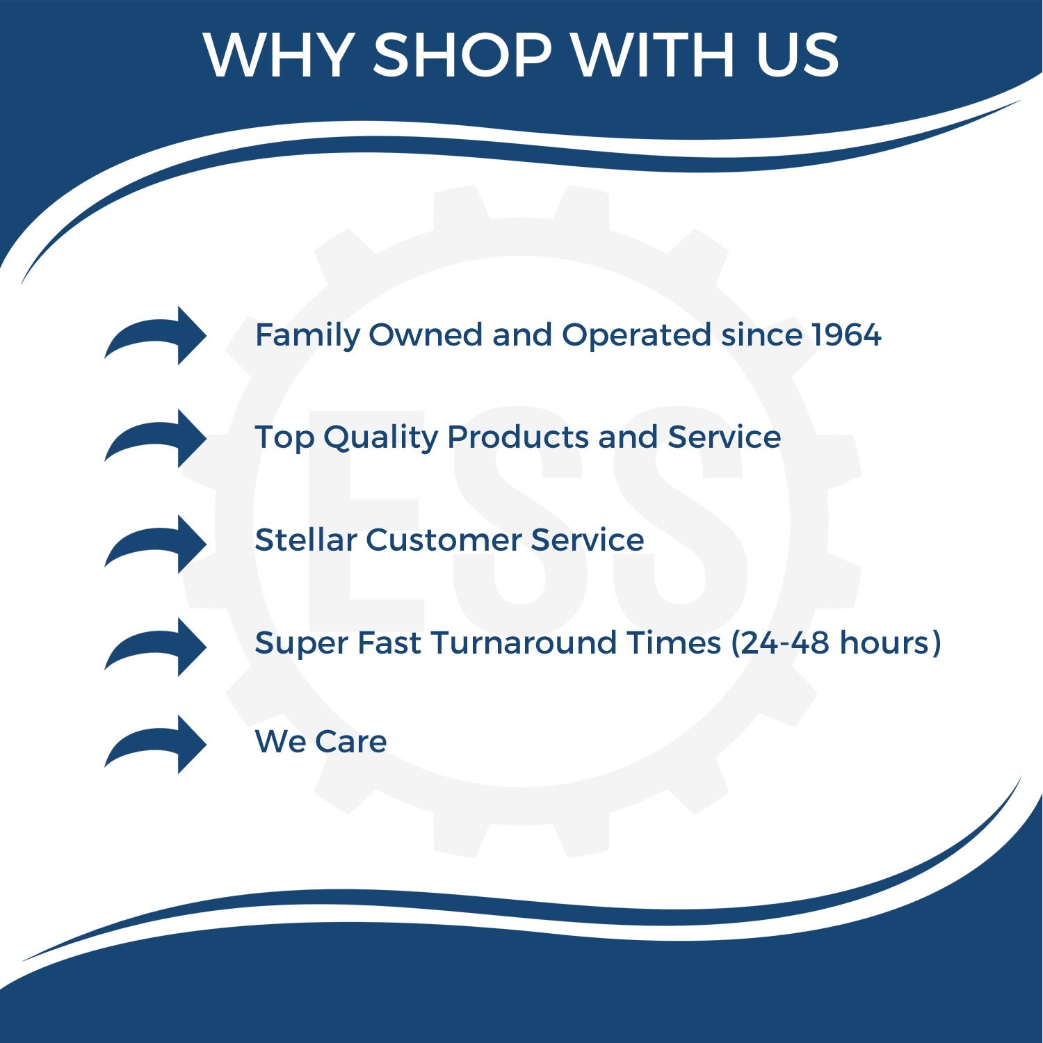 Blue and white stamp and seal products graphic with arrows, listing family-owned since 1964, quality service, fast 24-48 hour turnaround.