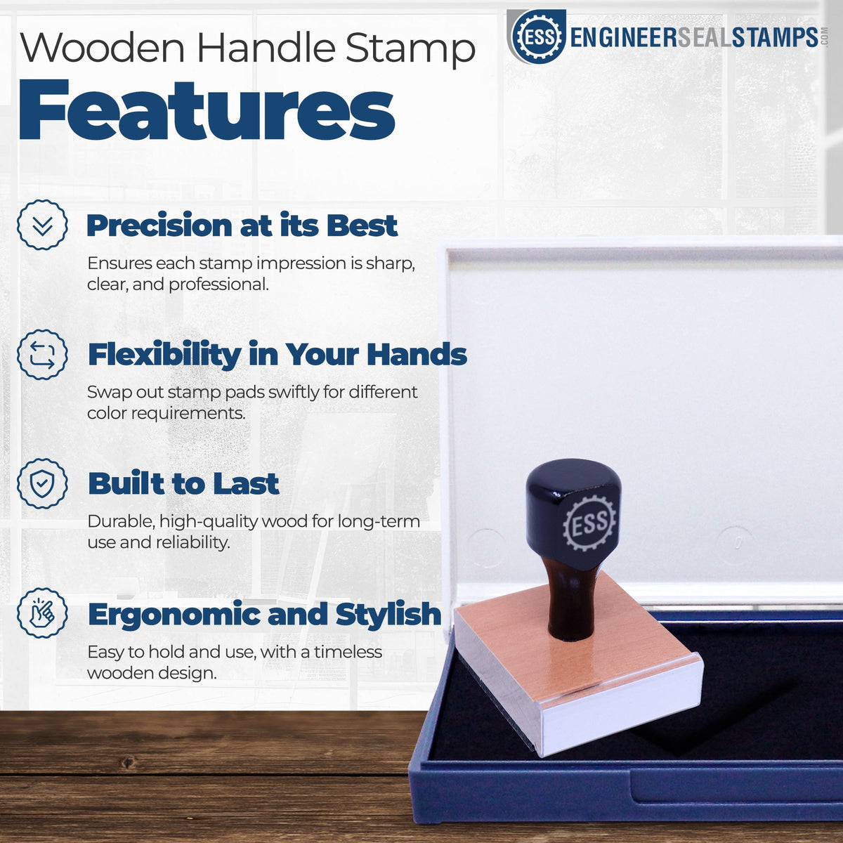 ESS wooden handle stamp and seal on copper base in blue tray, with white, navy and black features graphic.