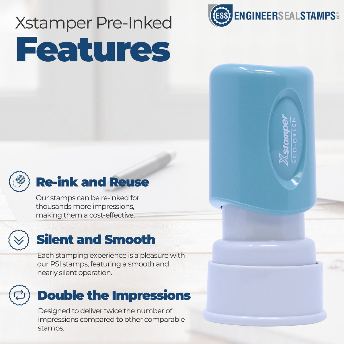 Xstamper pre-inked features: re-inkable, quiet action, double the impressions
