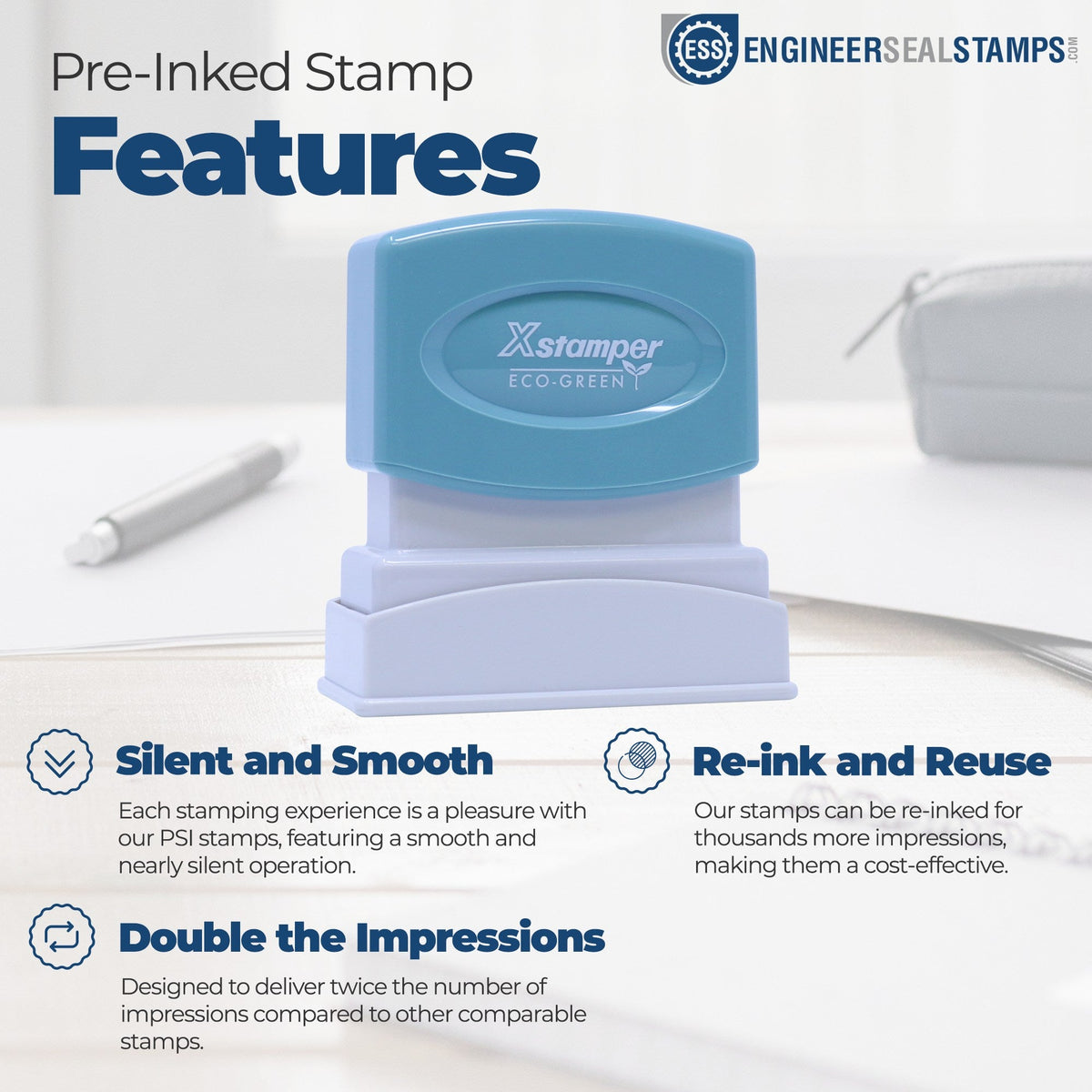 Xstamper pre-inked features: re-inkable, quiet action, double the impressions