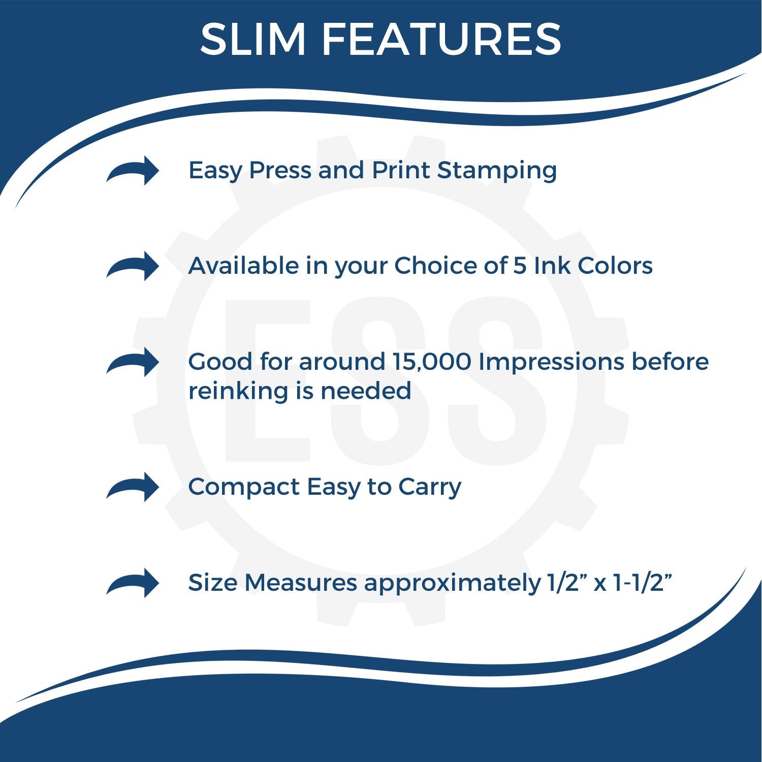 Infographic highlighting features of Slim Pre-Inked Petitioner Stamp: easy press, 5 ink colors, 15,000 impressions, compact, 1/2” x 1-1/2” size.