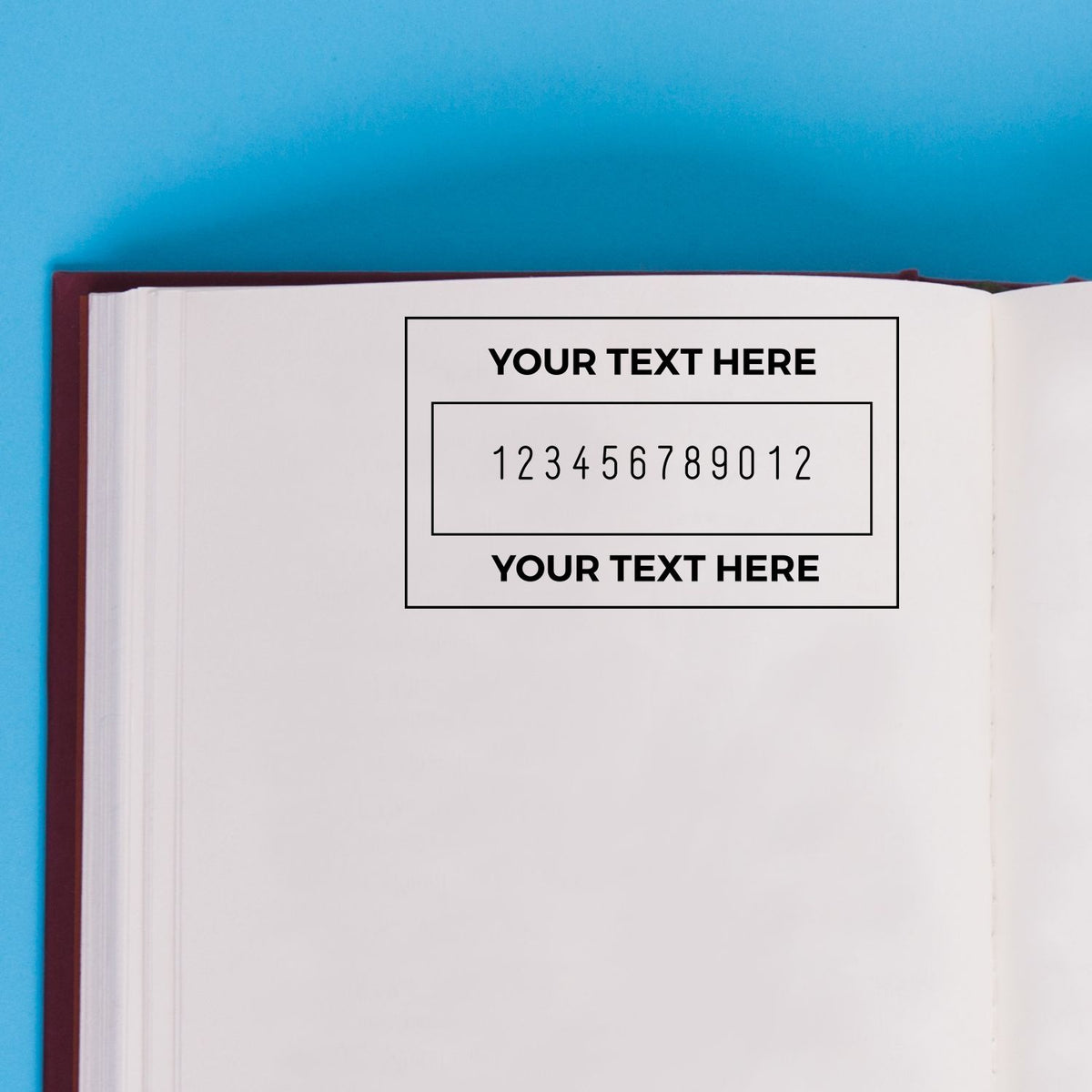 Custom black stamp and seal design on a white page, with placeholder text and numbers against a bright blue background.
