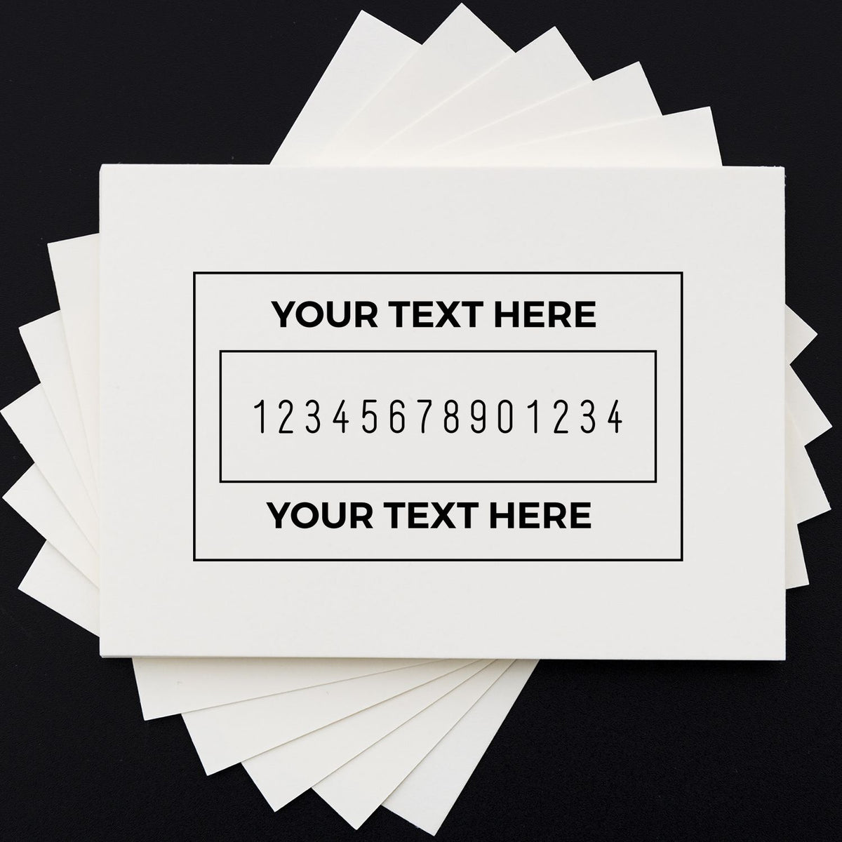 Customizable white stamp and seal sample cards with black outlined text boxes and placeholder numbers on a black background.