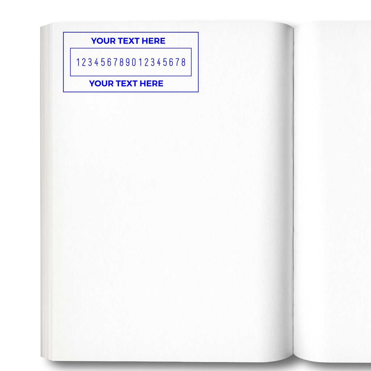 White open book page with blue custom stamp and seal template, YOUR TEXT HERE, and number line.