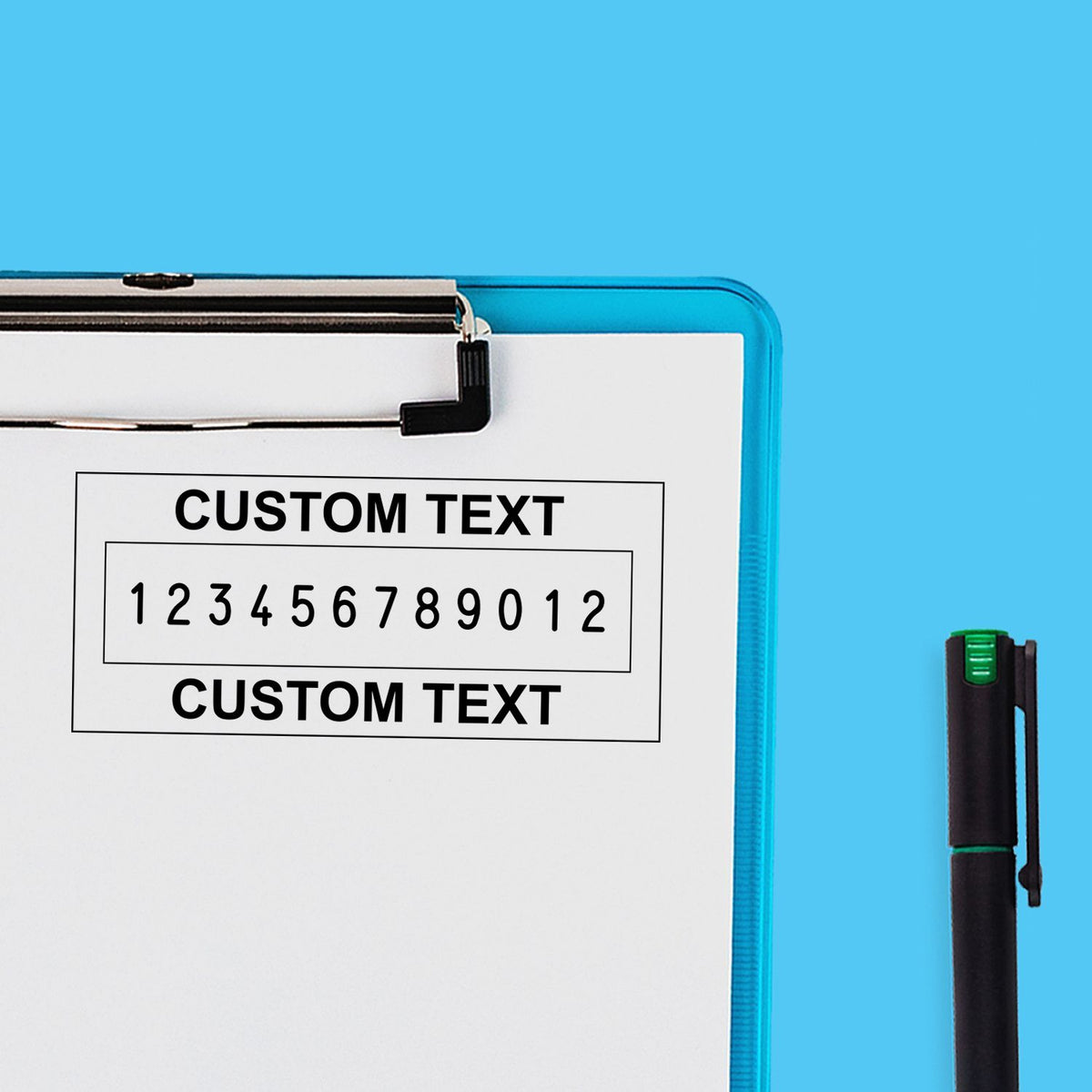 Custom text stamp and seal set on white clipboard, black lettering, blue case, black pen, bright blue background.