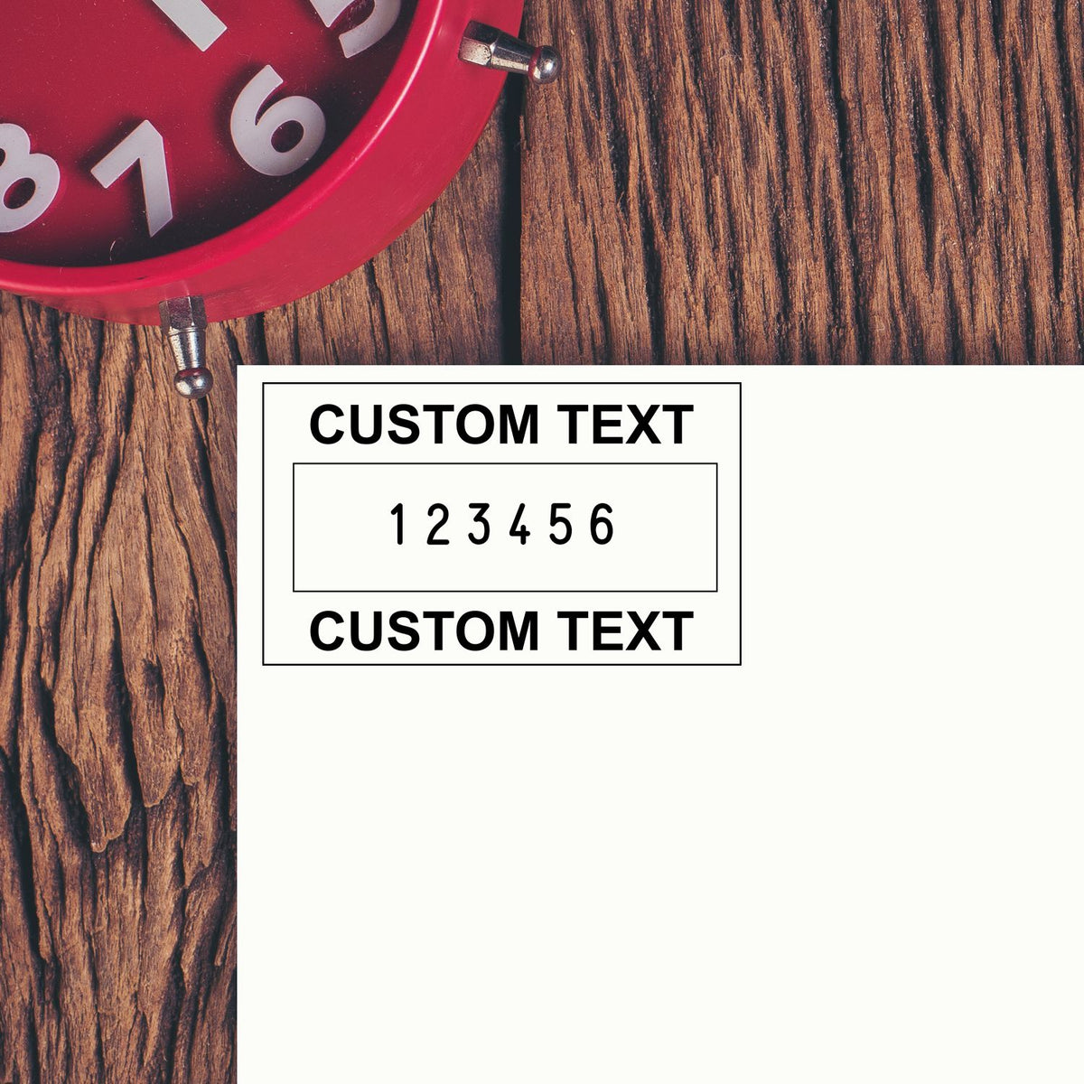Red numbered stamp and seal on wood beside white custom text card with 123456
