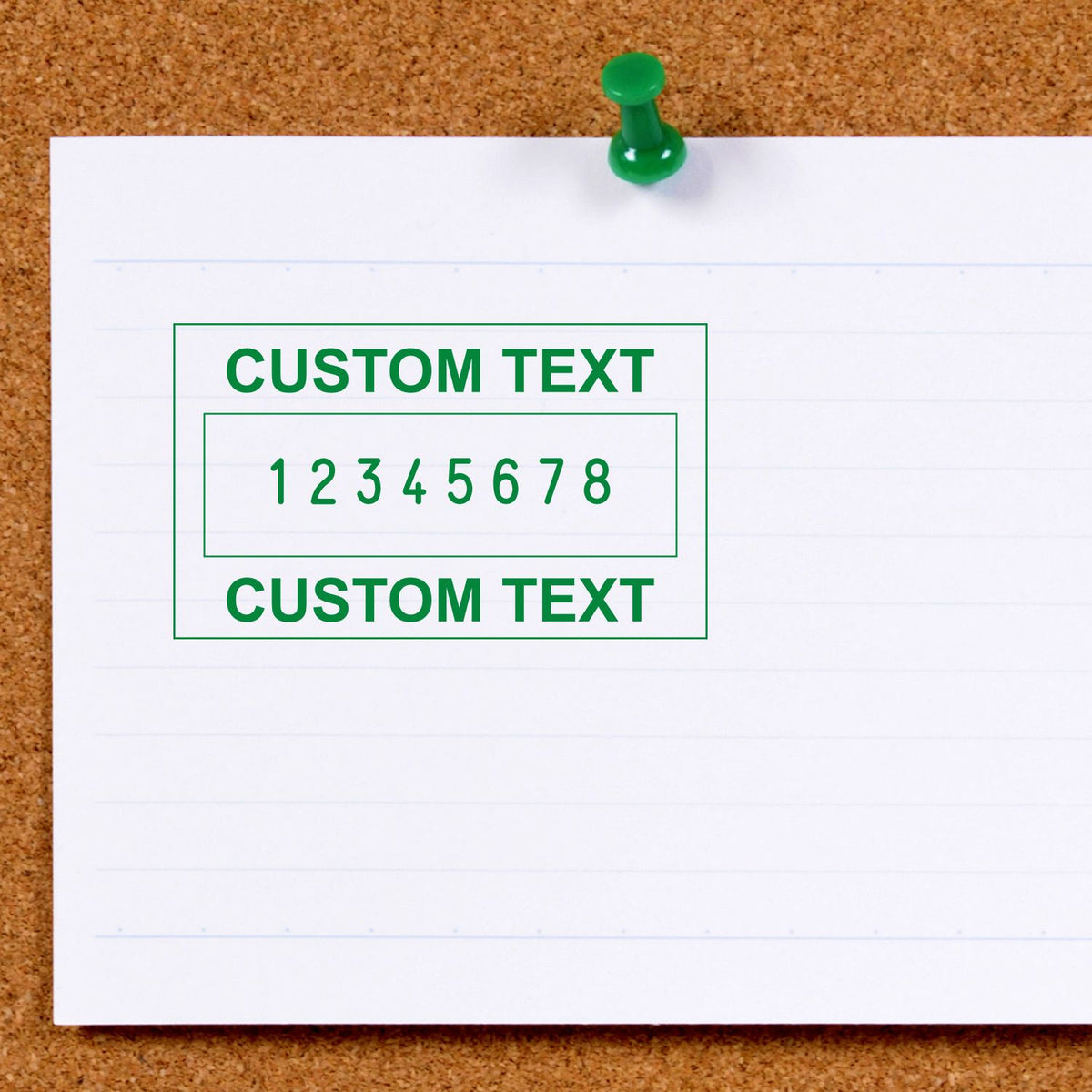 Green custom text stamp seal on white paper, pinned to corkboard, showing bold green 12345678 and text.
