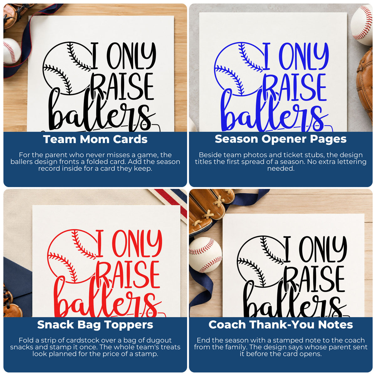 Four ways to use the I Only Raise Ballers Baseball And Bat Stamp - Premium Vintage Pro Wooden: team mom cards, season opener pages, snack bag toppers and coach thank-you notes.