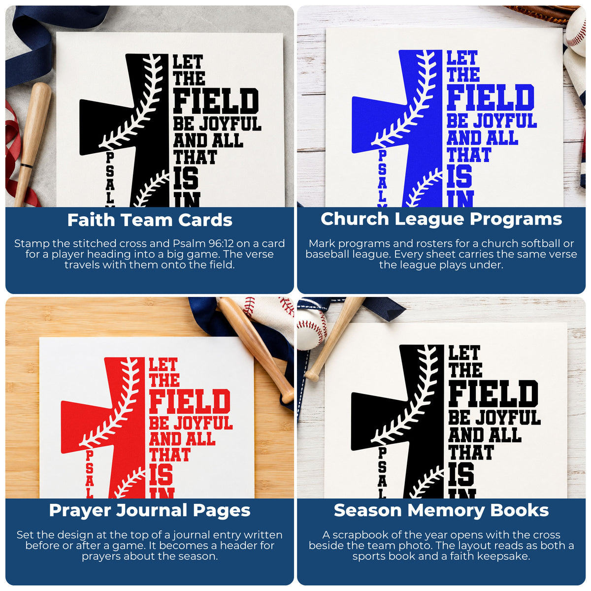 Four ways to use the Joyful Field Baseball Stitch Cross Self-Inking Stamp: faith team cards, church league programs, prayer journal pages and season memory books.