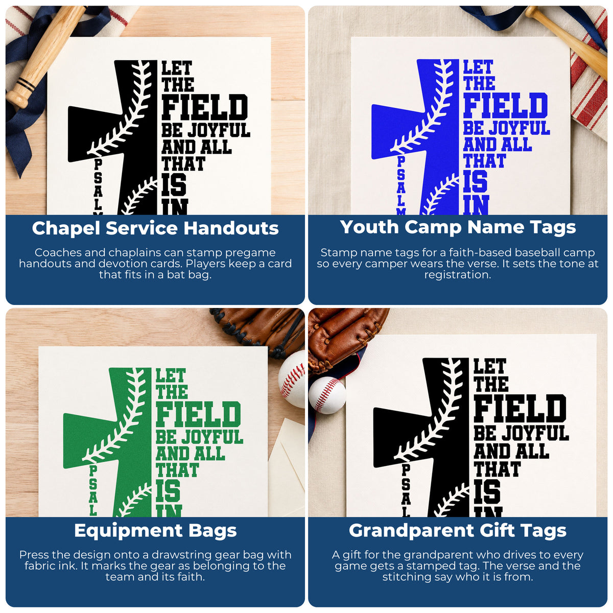 Four ways to use the Joyful Field Baseball Stitch Cross Self-Inking Stamp: chapel service handouts, youth camp name tags, equipment bags and grandparent gift tags.