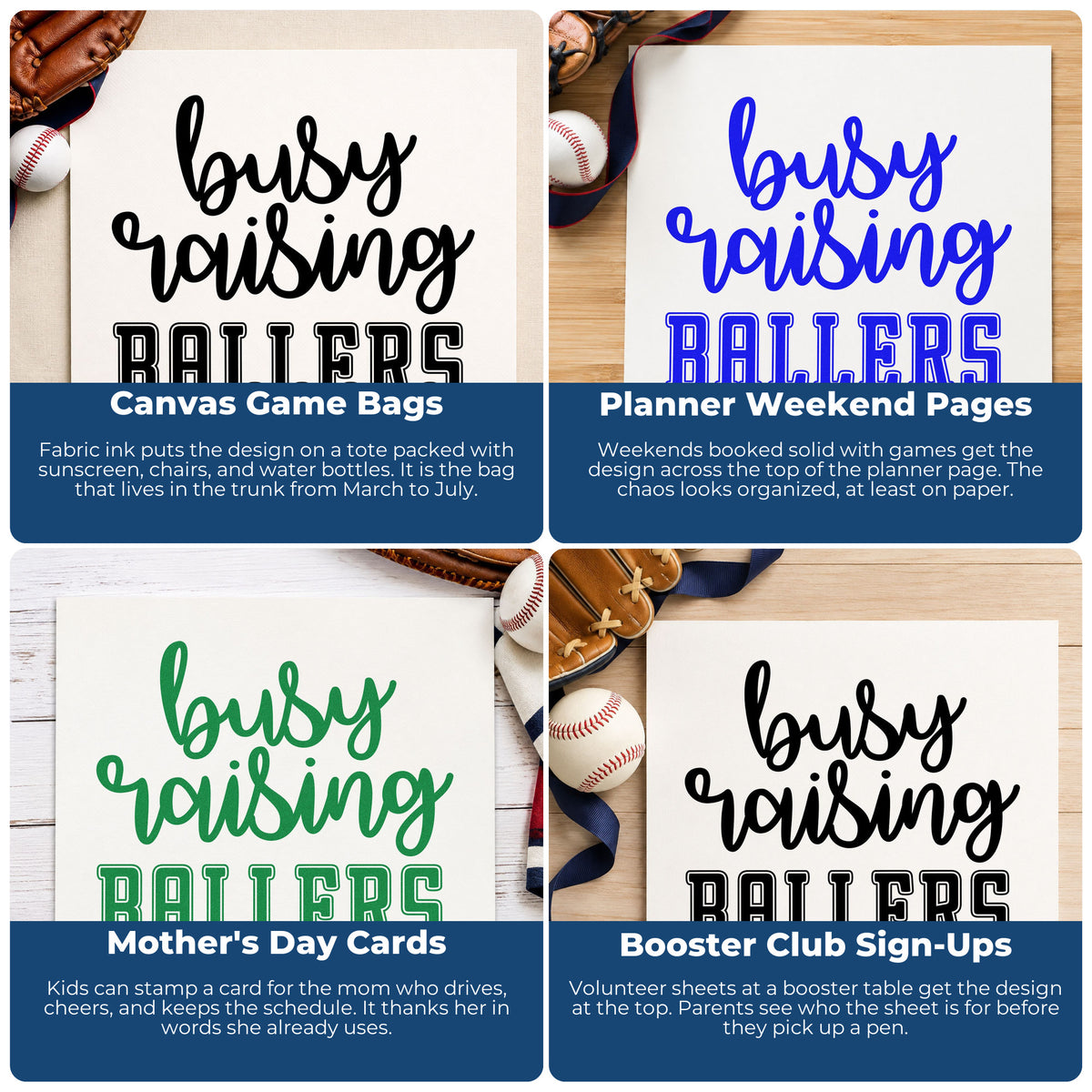 Four ways to use the Busy Raising Ballers PSI Pre-Inked Stamp: canvas game bags, planner weekend pages, mother's day cards and booster club sign-ups.