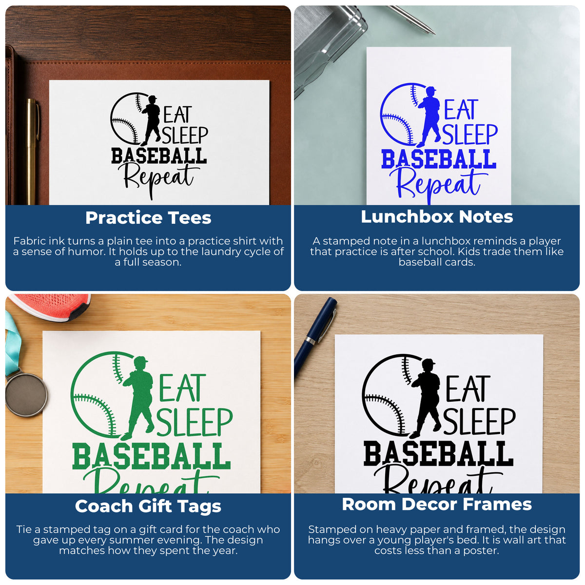 Four ways to use the Eat Sleep Baseball Repeat Batter Silhouette Wood Handle Stamp: practice tees, lunchbox notes, coach gift tags and room decor frames.
