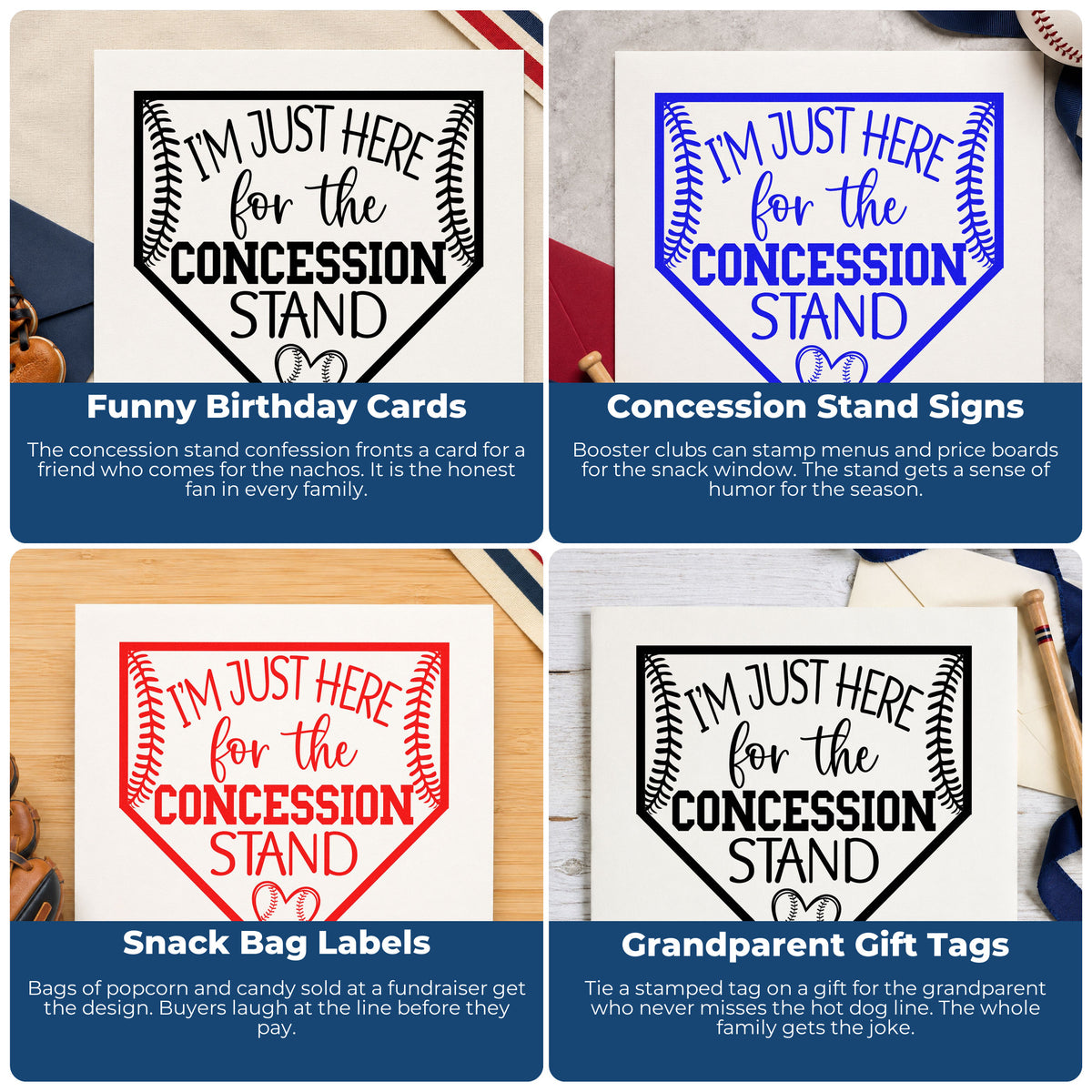 Four ways to use the Concession Stand Fan Rubber Stamp – Wood Handle: funny birthday cards, concession stand signs, snack bag labels and grandparent gift tags.