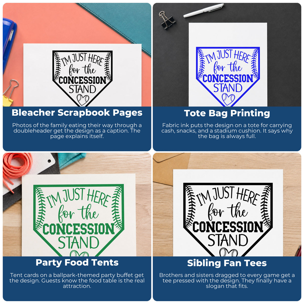 Four ways to use the Concession Stand Fan Rubber Stamp – Wood Handle: bleacher scrapbook pages, tote bag printing, party food tents and sibling fan tees.