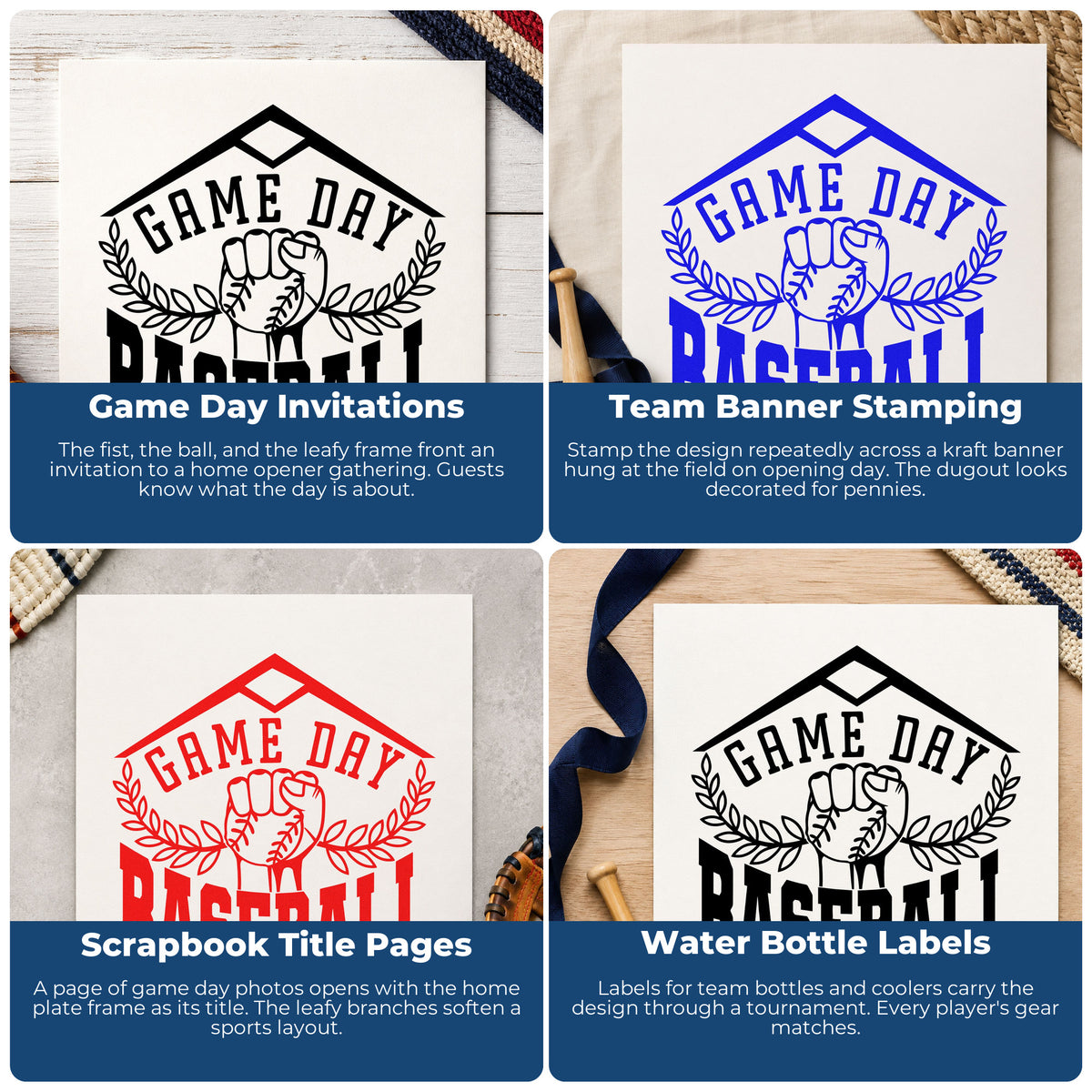 Four ways to use the Game Day Baseball Fist Home Plate Badge Rubber Stamp – Duo Hand: game day invitations, team banner stamping, scrapbook title pages and water bottle labels.