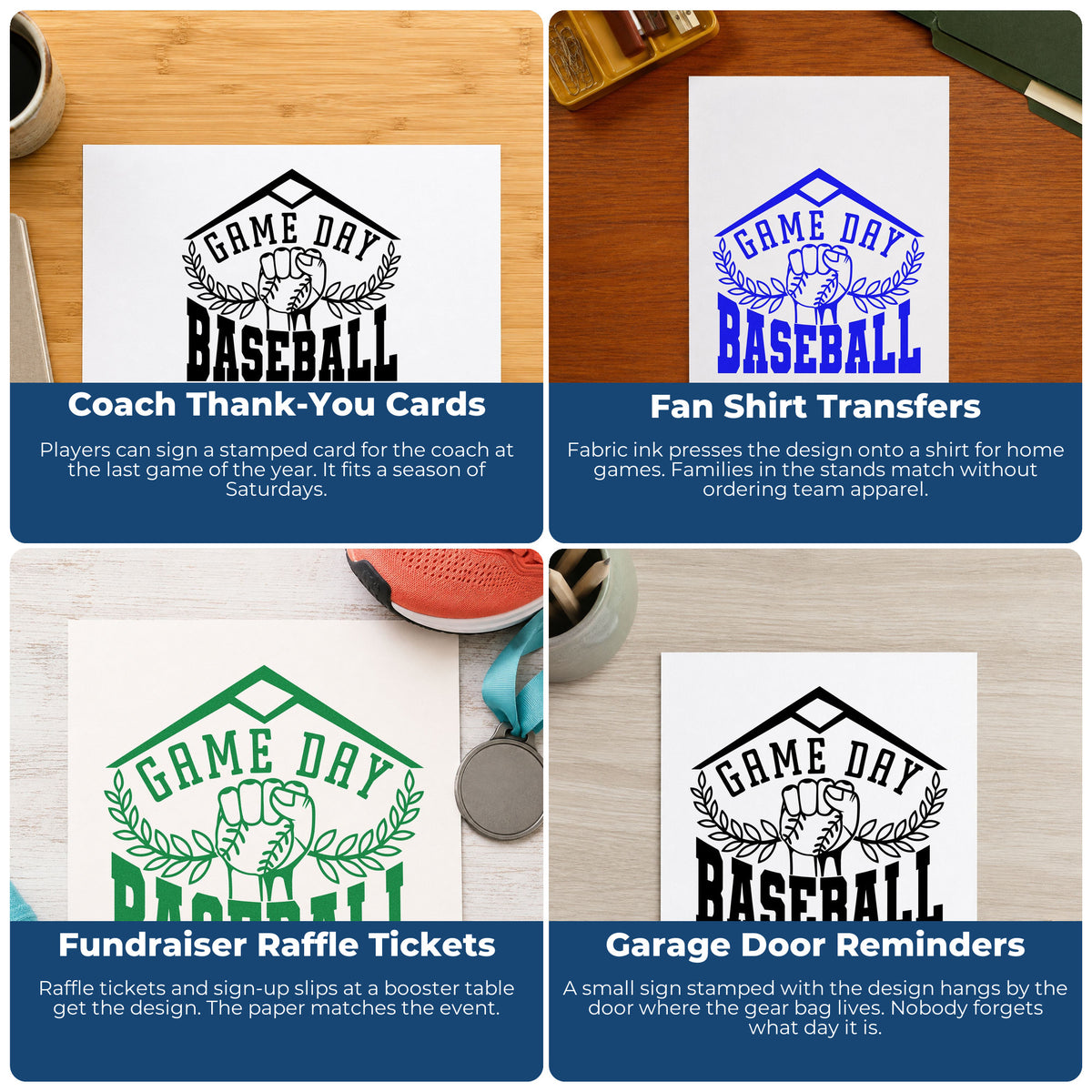 Four ways to use the Game Day Baseball Fist Home Plate Badge Pre-Inked Stamp – PSI: coach thank-you cards, fan shirt transfers, fundraiser raffle tickets and garage door reminders.