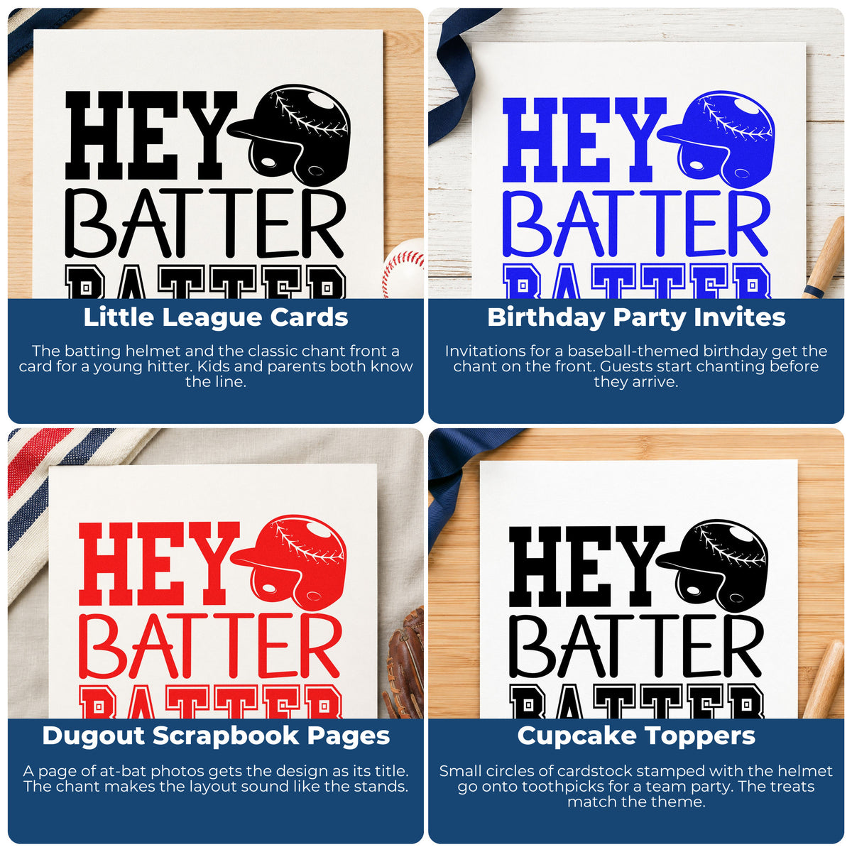 Four ways to use the Hey Batter Batter Hand Stamp – Duo: little league cards, birthday party invites, dugout scrapbook pages and cupcake toppers.