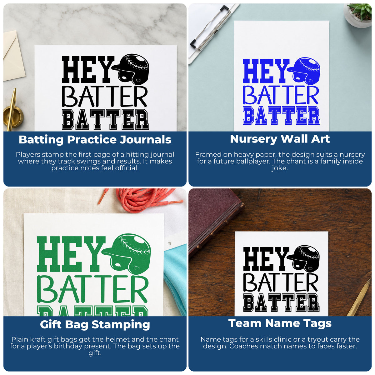 Four ways to use the Hey Batter Batter Rubber Stamp – Wood Handle: batting practice journals, nursery wall art, gift bag stamping and team name tags.