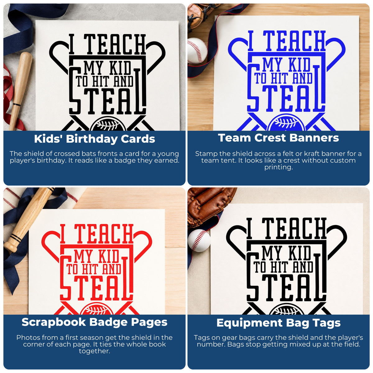 Four ways to use the Hit And Steal Shield Duo Hand Stamp: kids' birthday cards, team crest banners, scrapbook badge pages and equipment bag tags.