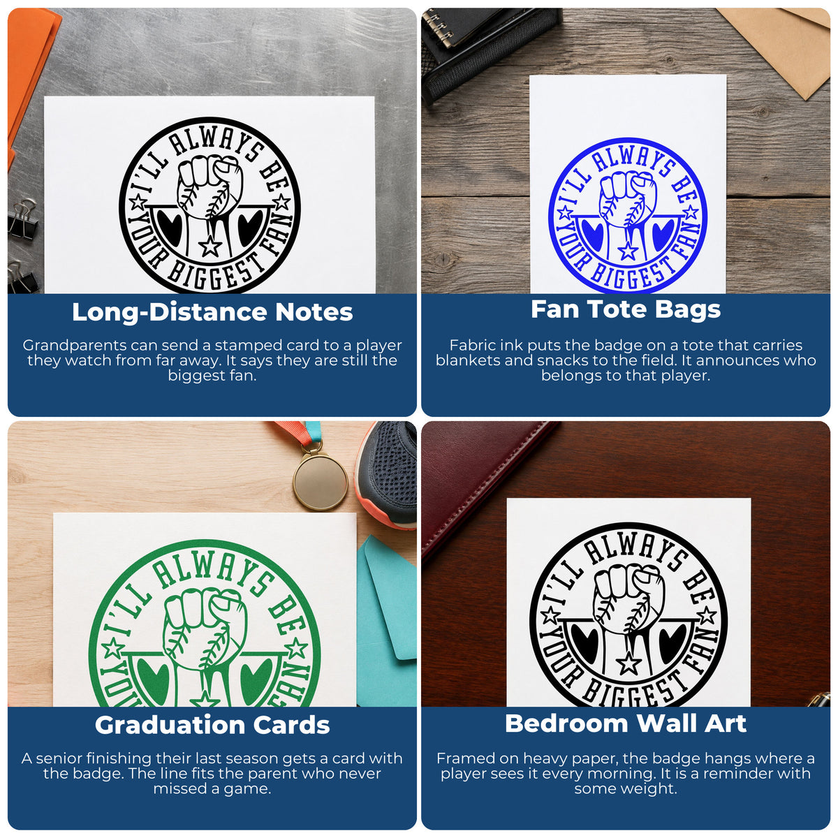 Four ways to use the Biggest Fan Baseball Emblem Rubber Stamp – Duo Hand: long-distance notes, fan tote bags, graduation cards and bedroom wall art.