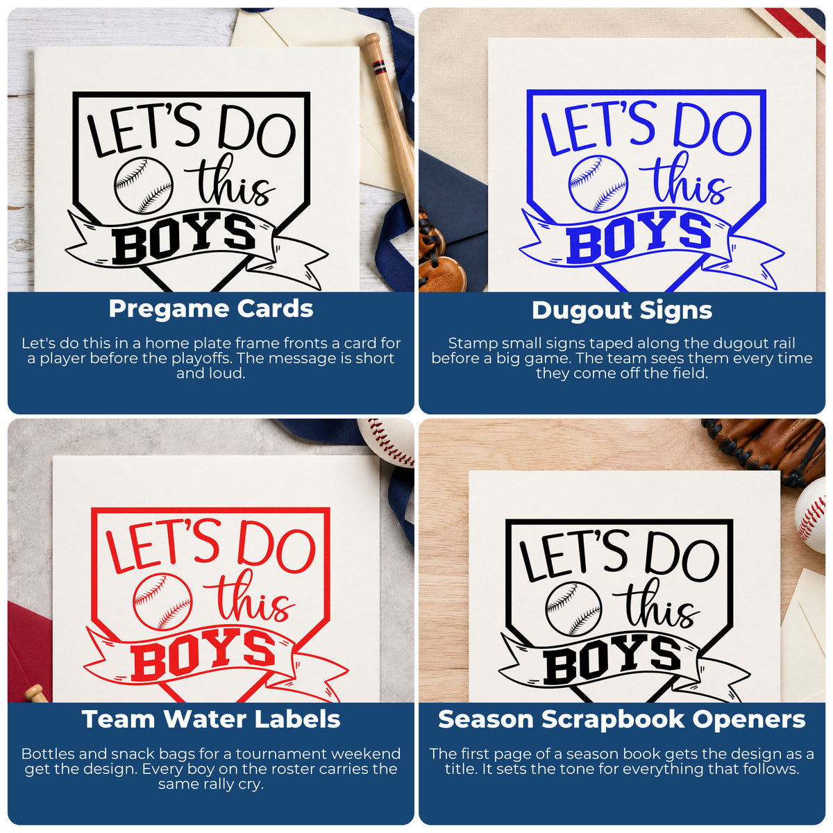 Four ways to use the Let's Do This Boys Pennant Hand Stamp – Duo: pregame cards, dugout signs, team water labels and season scrapbook openers.