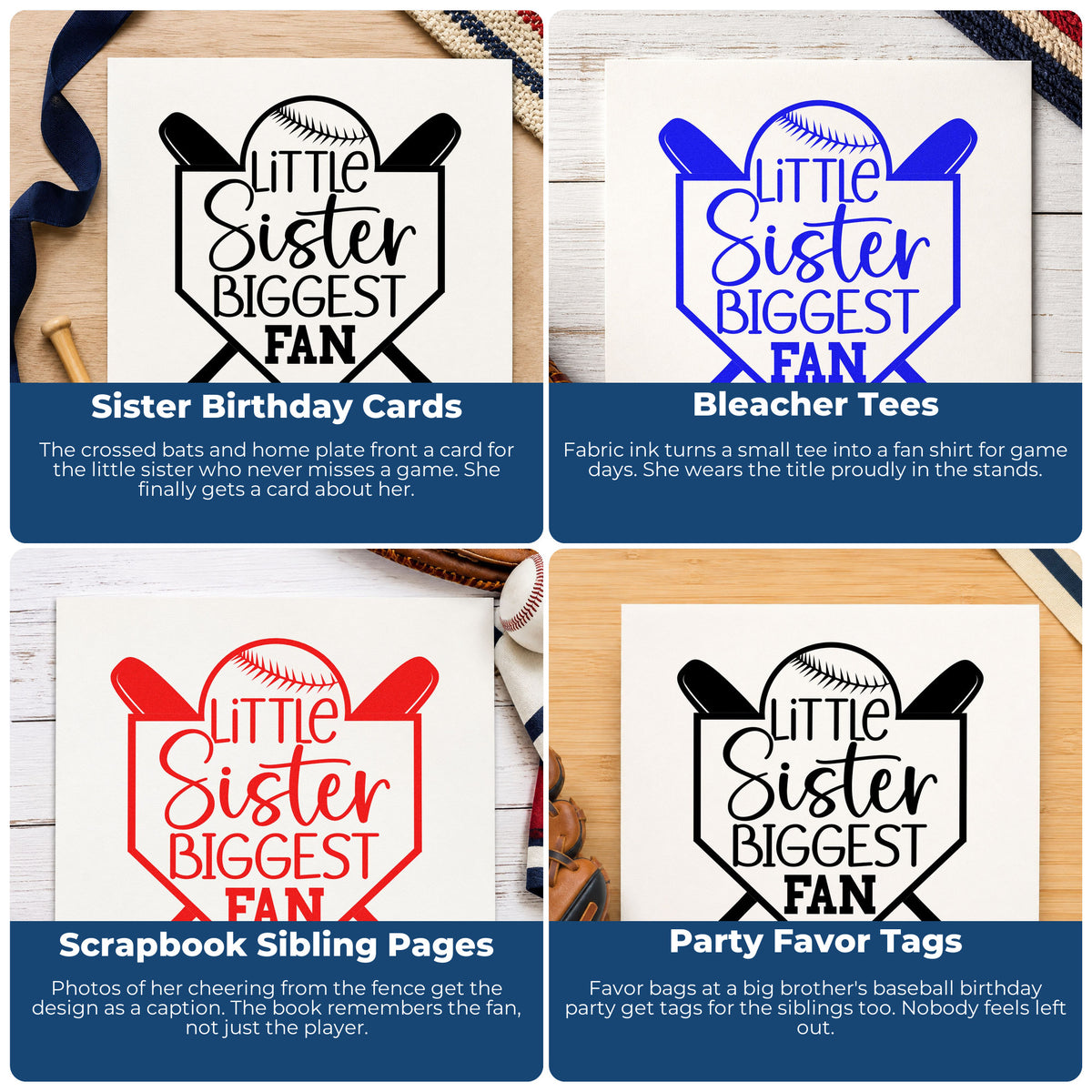 Four ways to use the Self-Inking Little Sister Biggest Fan Crossed Baseball Bats Stamp: sister birthday cards, bleacher tees, scrapbook sibling pages and party favor tags.