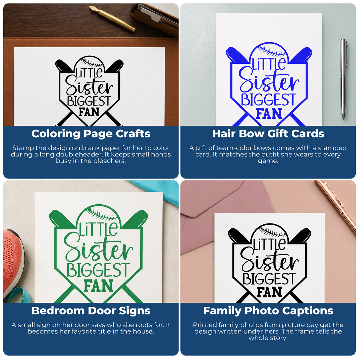 Four ways to use the Self-Inking Little Sister Biggest Fan Crossed Baseball Bats Stamp: coloring page crafts, hair bow gift cards, bedroom door signs and family photo captions.