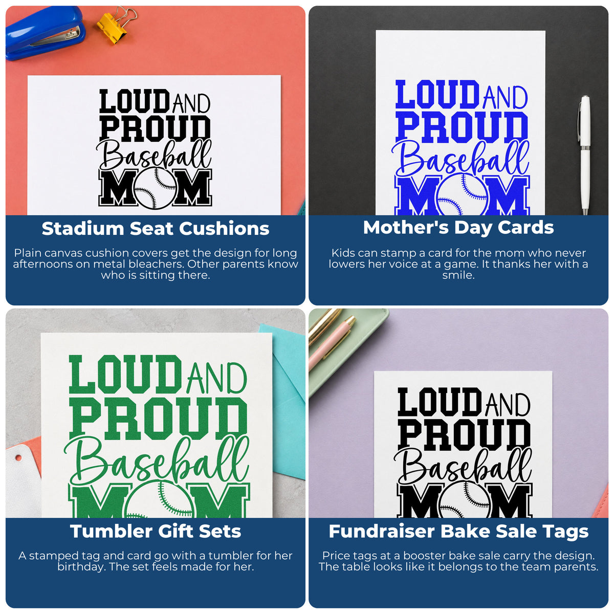 Four ways to use the Loud And Proud Baseball Mom Stamp – Self-Inking: stadium seat cushions, mother's day cards, tumbler gift sets and fundraiser bake sale tags.