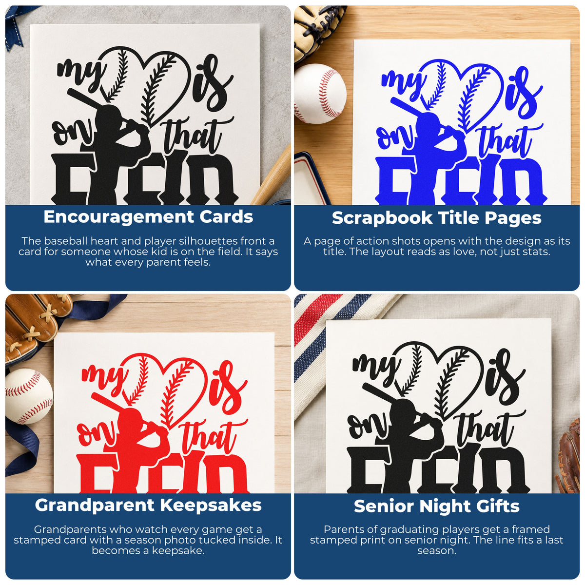Four ways to use the Duo Hand My Heart Is On That Field Baseball Artwork Rubber Stamp: encouragement cards, scrapbook title pages, grandparent keepsakes and senior night gifts.