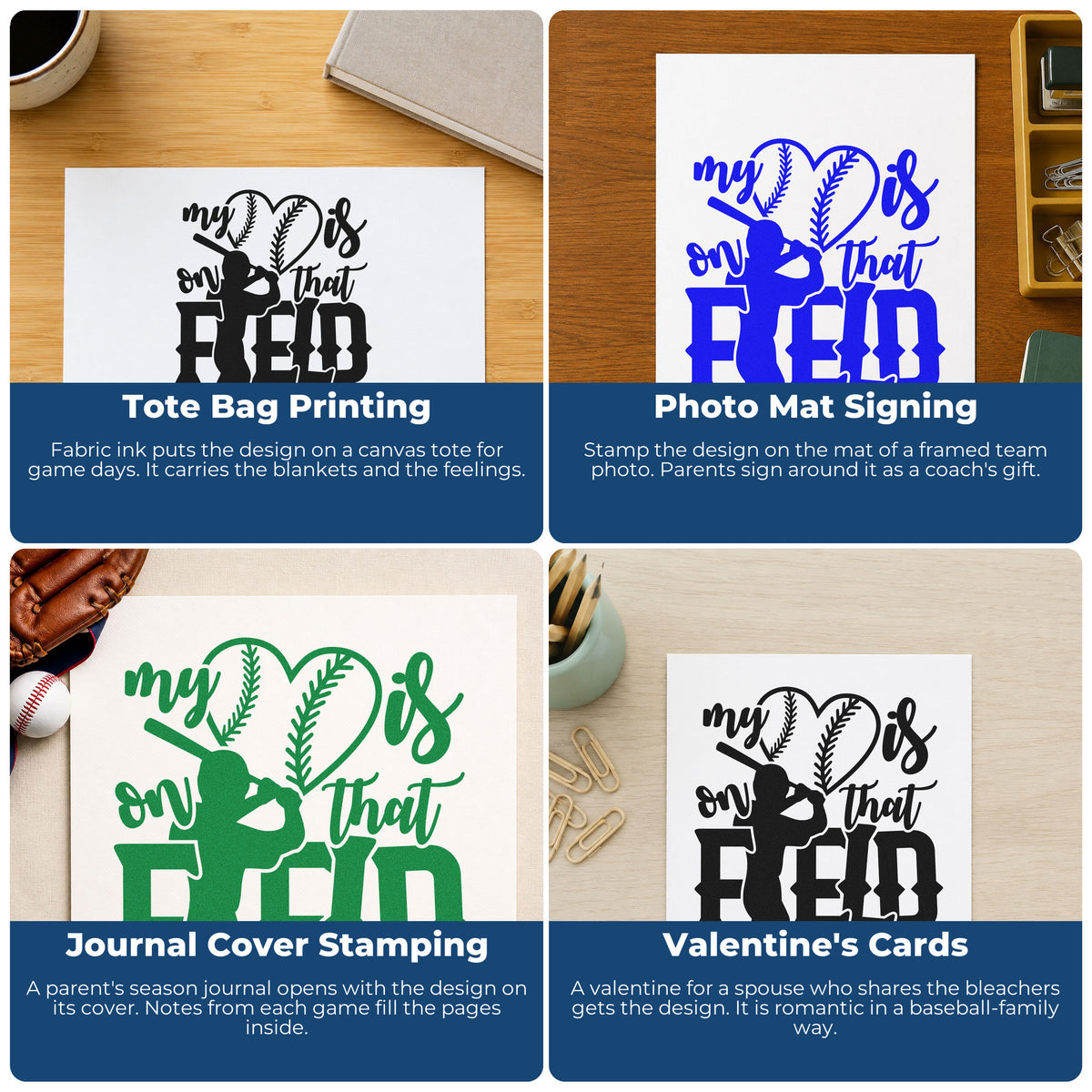 Four ways to use the My Heart Is On That Field Baseball Artwork Stamp – PSI Pre-Inked: tote bag printing, photo mat signing, journal cover stamping and valentine's cards.