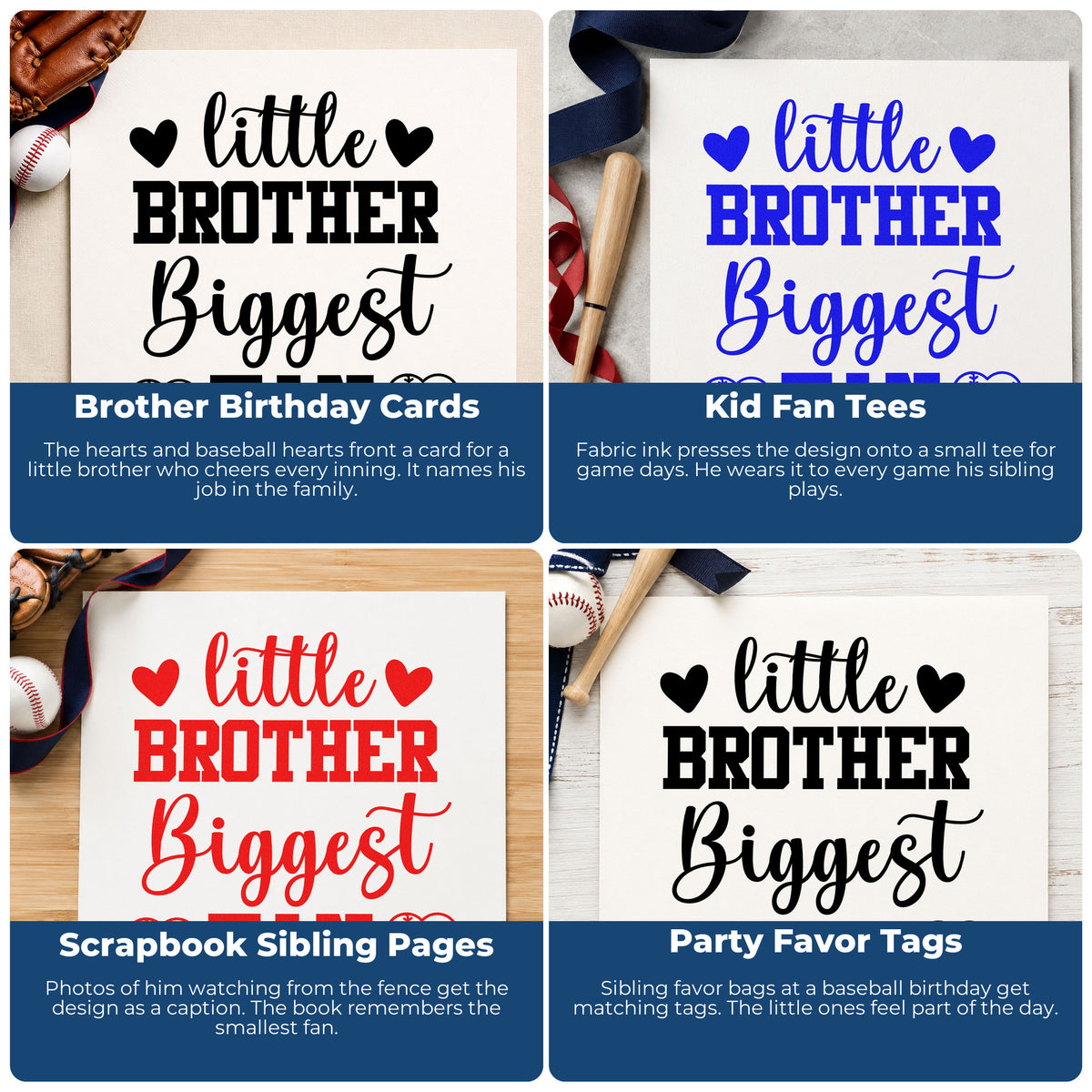 Four ways to use the Little Brother Biggest Fan Stamp – Self-Inking: brother birthday cards, kid fan tees, scrapbook sibling pages and party favor tags.