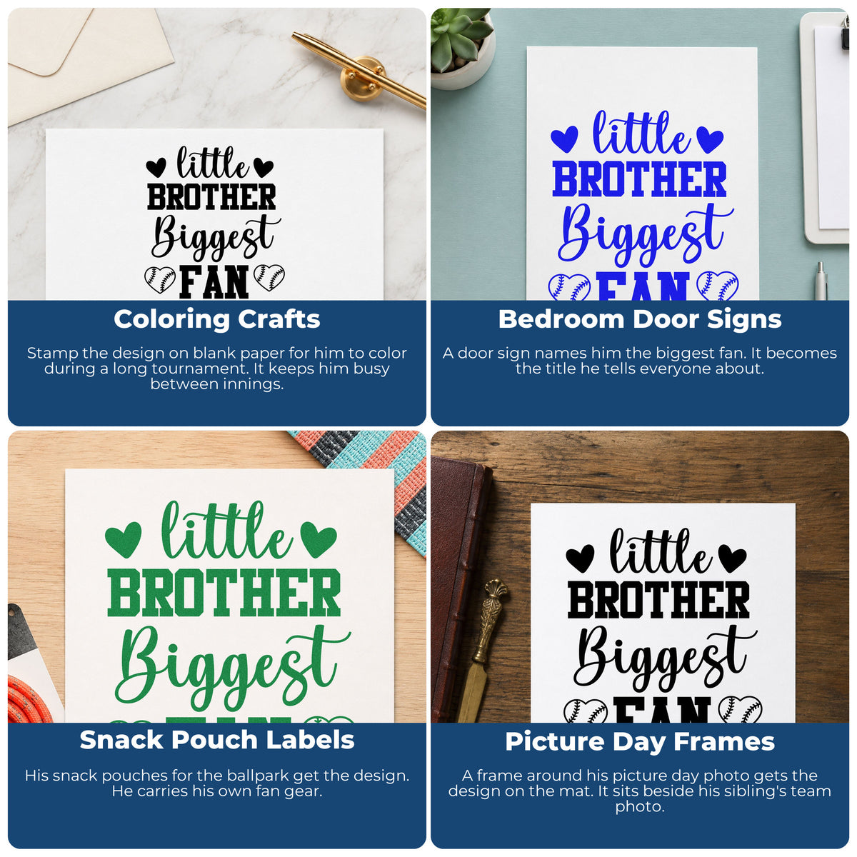 Four ways to use the Little Brother Biggest Fan Stamp – Self-Inking: coloring crafts, bedroom door signs, snack pouch labels and picture day frames.